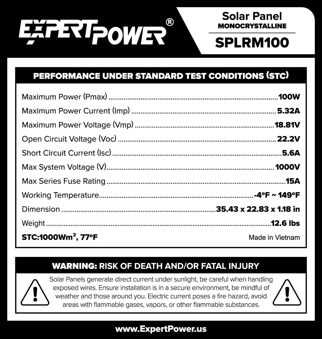 2-Pack ExpertPower 100 Watt 12 Volt Monocrystalline Solar Panel, Compact Design 35.43 x 22.83 x 1.18 in, High Efficiency Module PV Power for Battery Charging Boat, Caravan, RV, Off Grid Applications