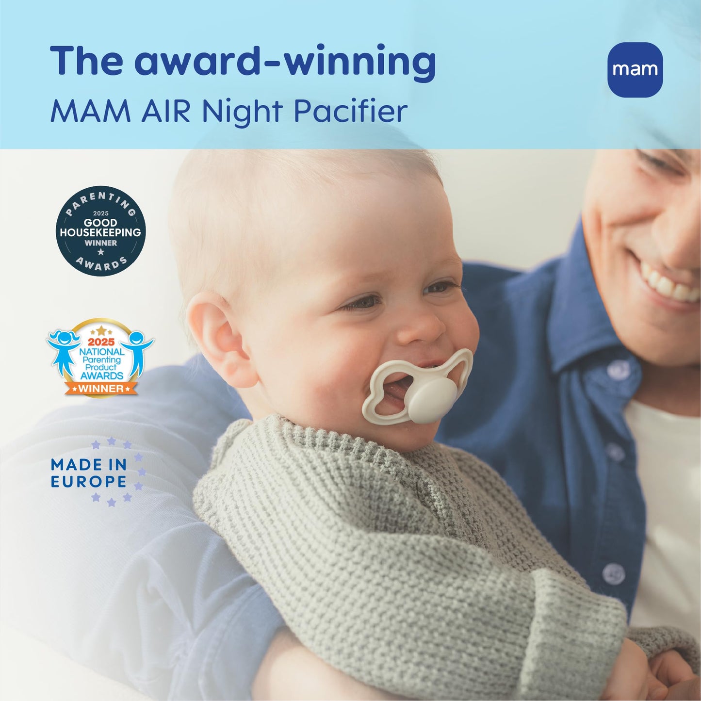 MAM Air Pacifier for Babies 6-16 Months, Extra Air Flow for Sensitive Skin, Glows in The Dark, Developed with Medical Experts, BPA-Free Skin Soft Silicone, 4 Count, Made in Europe