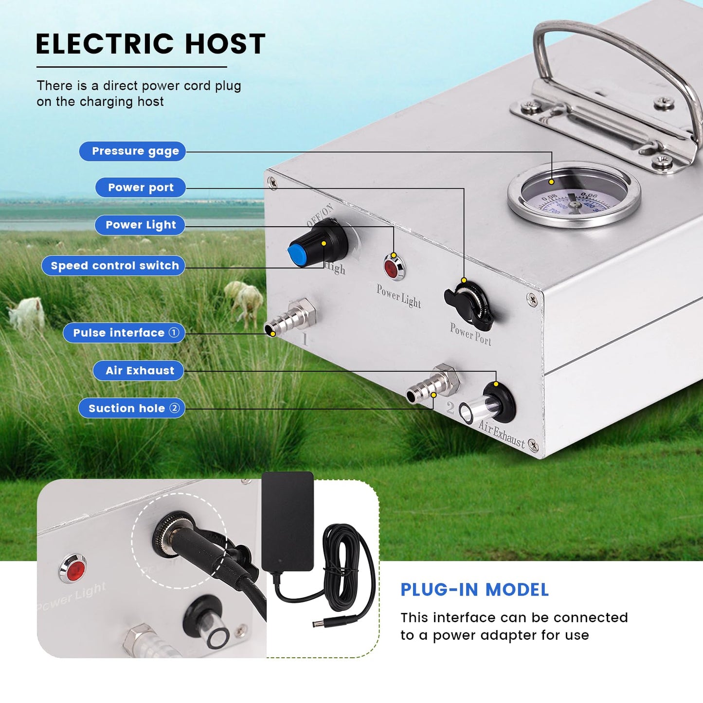 KHEARPSL 8L Cow/Goat Two-in-One Rechargeable Electric Milker, Goat Milker Machine, Cow Milking Machine, The Latest Pulsation Vacuum Pump with Pressure Gauge, 304 Stainless Steel Bucket (Rechargeable)