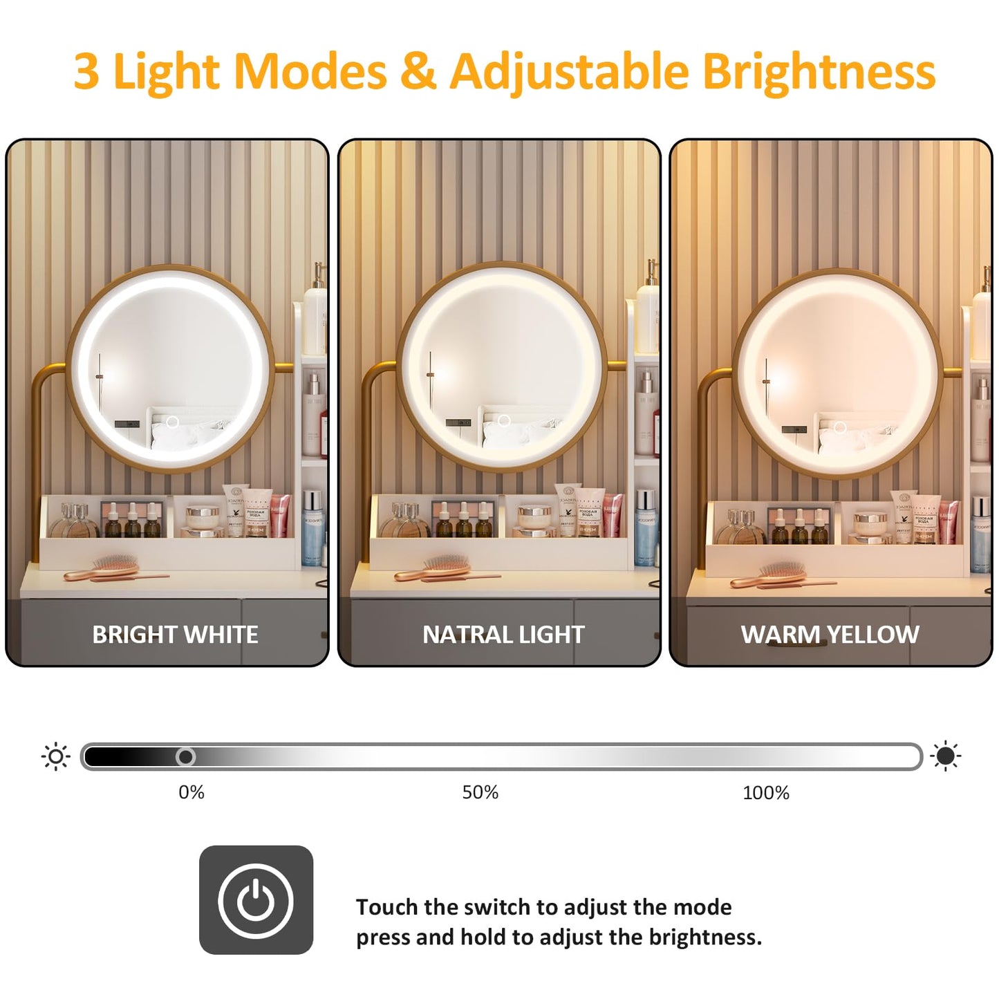 Vabches Makeup Vanity with Round Mirror and Lights, White Vanity Makeup Table with Charging Station, Small Vanity Table for Bedroom, 3 Lighting Modes, 31.5in(L)