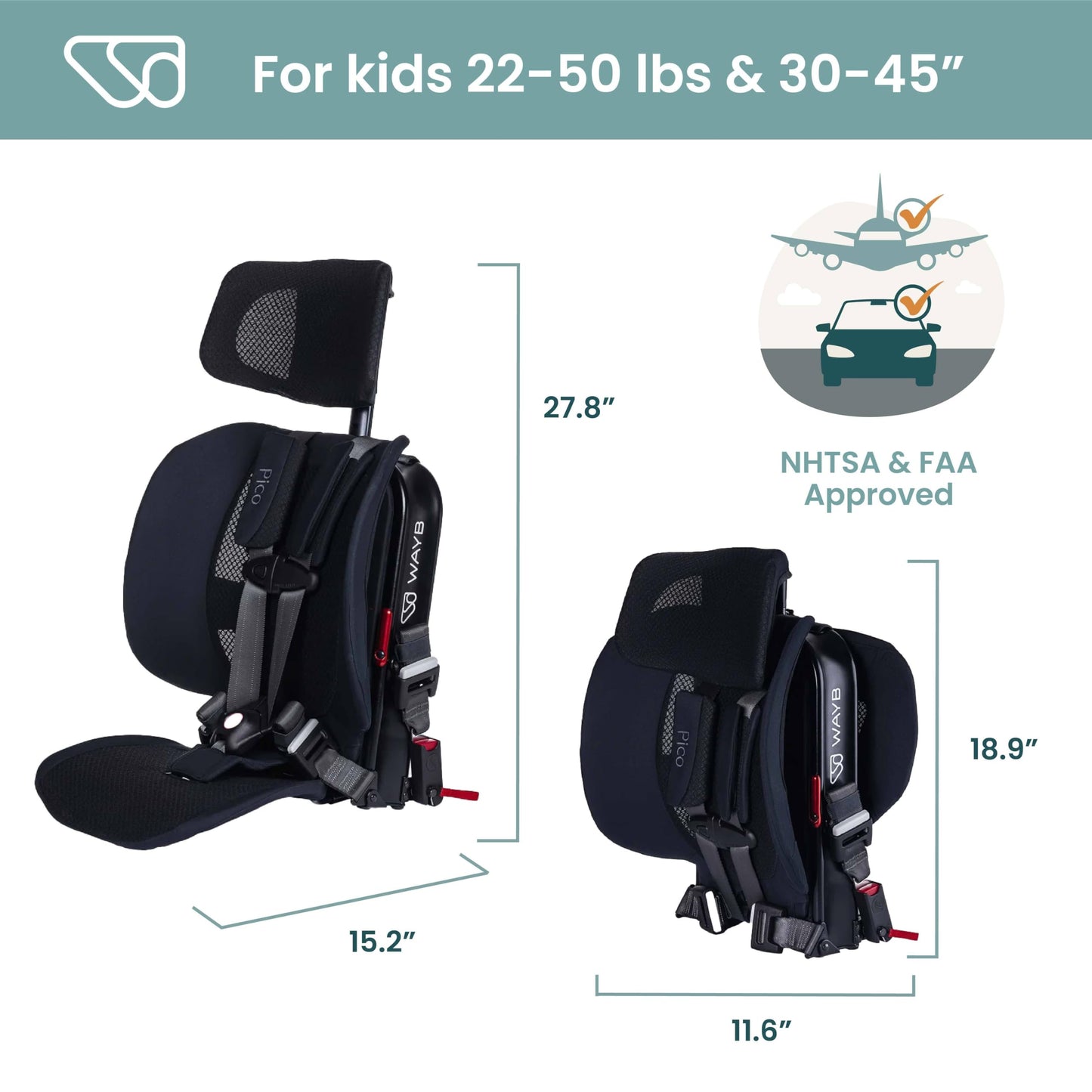 WAYB Pico Travel Car Seat with Premium Carrying Bag- Lightweight, Portable, Foldable - Perfect for Airplanes, Rideshares, and Road Trips - Forward Facing for Kids 26.5–50 lbs and 33.5–45"