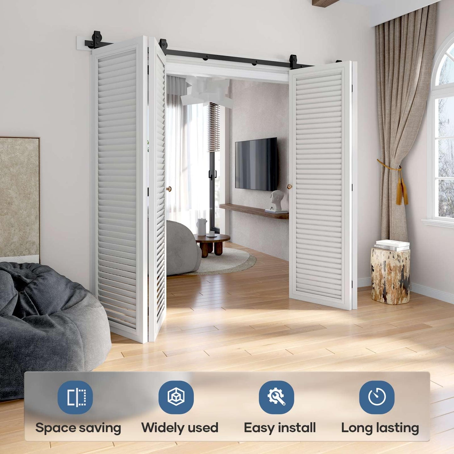 EaseLife 100" Bifold Sliding Barn Door Hardware Track Kit for 4 Closet Door,Top Mount Roller,Slide Smoothly Quietly,Easy Install,Black,Fit for Four 24" Wide Bi-Folding Door (Hardware Only)
