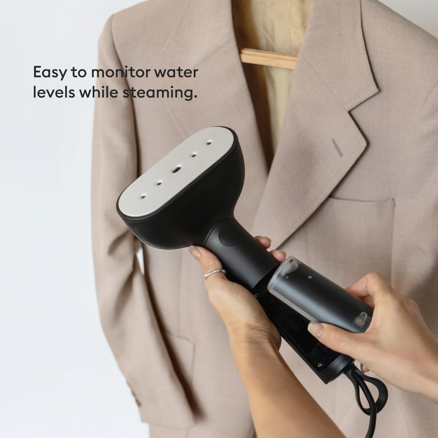 Steamery Handheld Clothes Steamer Cirrus Core, 1350W, Steam Output 0.74 oz/min, Heat up in 15 Seconds, Dry Steam Technology, Hanging Loop, Visible Water Tank, Portable, Scandinavian Design, Black