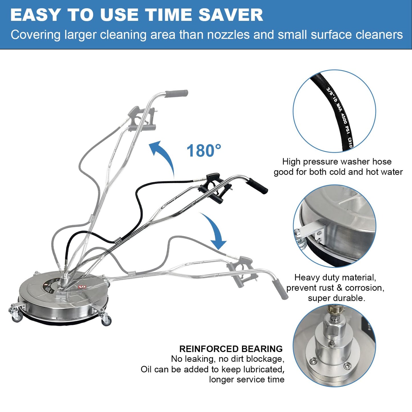 BouPower 30" Pressure Washer Surface Cleaner with 4 Wheels, 5200PSI Stainless Steel Surface Cleaner Attachment, Stainless Steel Dual Handle Pressure Washer for Concrete Driveway Sidewalk Deck Patio