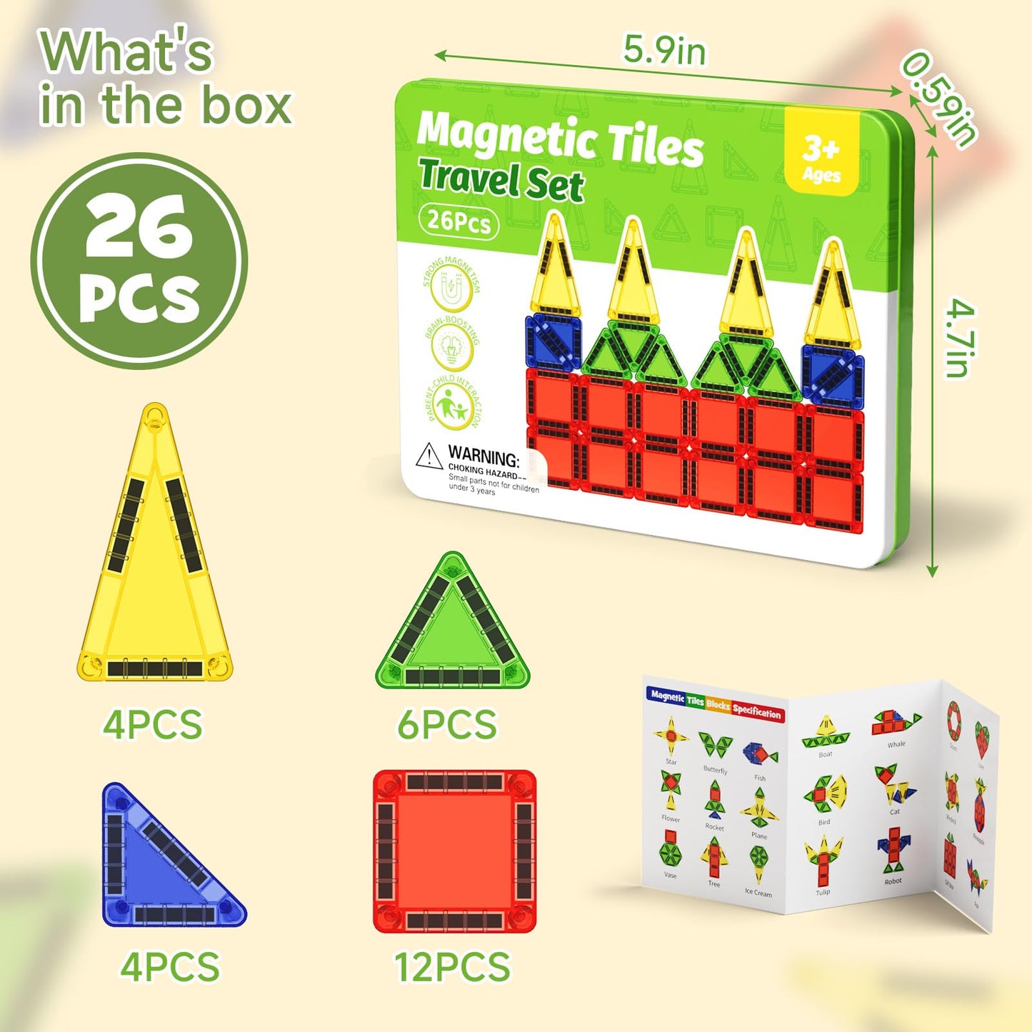 Gamcrown Travel Magnetic Tiles for Kids Car Games: 26 PCS Mini Magnet Building Blocks in Tin Box to Stop Crying - 0.64 lb Pocket Size Educational Toy - Road Trip Essentials - Boys Girls Age 3-8