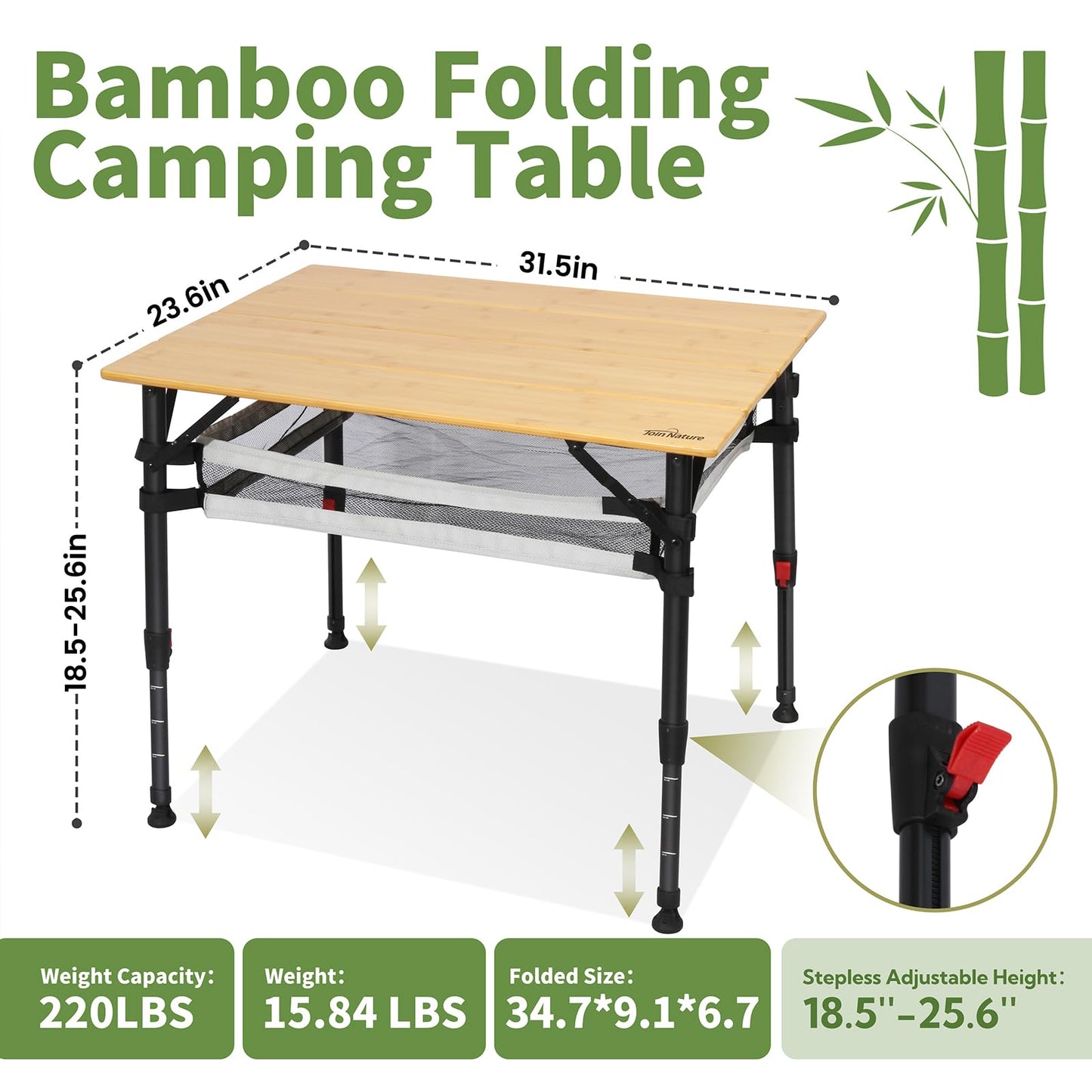 Join Nature Bamboo Camping Table, Adjustable Height Folding Outdoor Table with Aluminum Frame, Portable Camp Table with Carry Bag for Camping, RV, Picnic & Tailgating