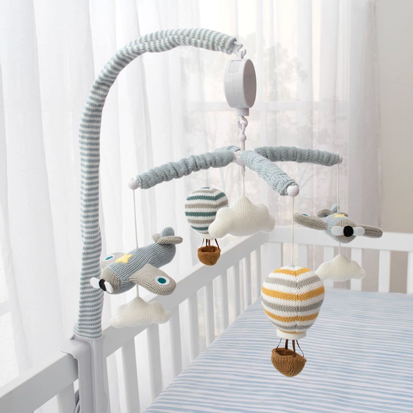 Baby Crib Mobile for Boys - Up Up and Away - Premiun Musical Nursery Decor, Sky Hot Air Balloon, Clouds & Planes, Calming Music Soother with 12 Lullabies - Essential & Perfect Gift by Living Textiles