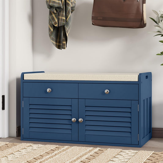 WARMHONIU Shoe Storage Bench with 2 Drawers, Entryway Bench with Cushion, Adjustable Shelves, Shoe Rack Bench with Louvered Doors for Entryway, Bedroom, Hallway, Blue