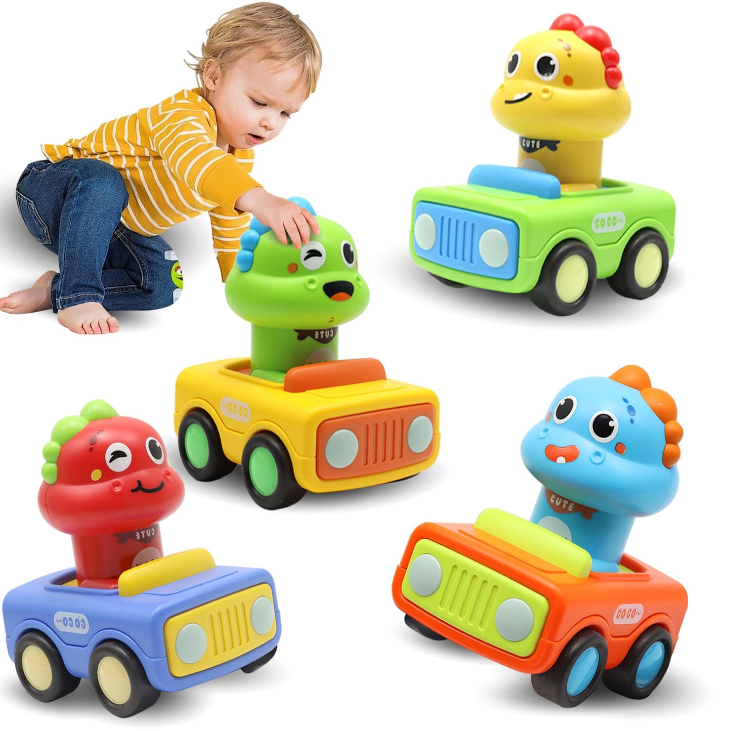 Pbooo Toys for 1 Year Old Boy, Press and Go Car Toys for Toddlers 1-3, Push and Go Animal Toy Cars Set, Birthday Gifts for 1 2 Year Old Boys, Baby Toys 12-18 Months