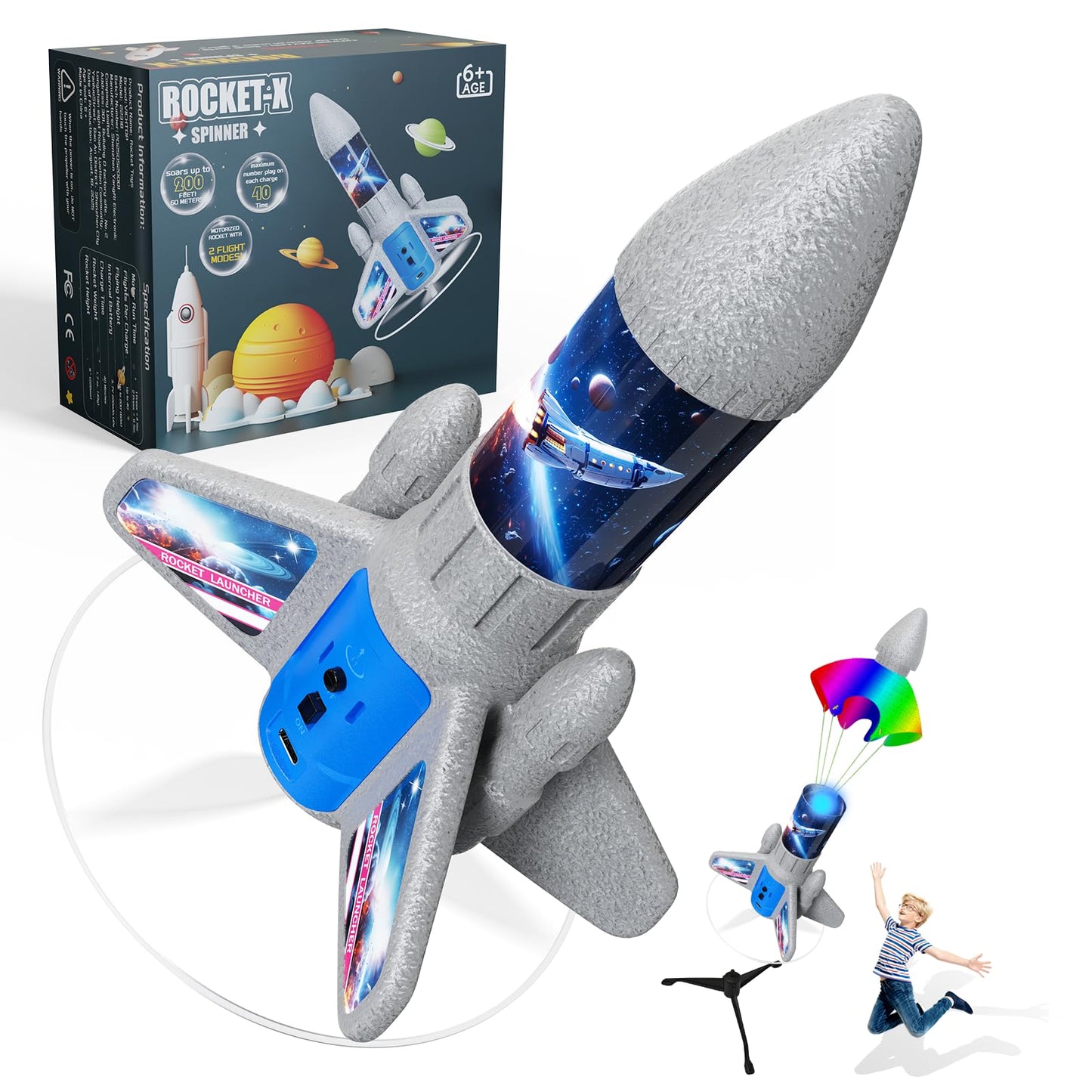 Rocket Launcher for Kids - 200 Ft of Flight Altitude, 2026 New Model Auto Electric Spinner Rocket Toys with Safe Parachute, Easter Birthday Gifts for Boys & Girls Age 6 7 9 10 11 12 8-13 Years Old