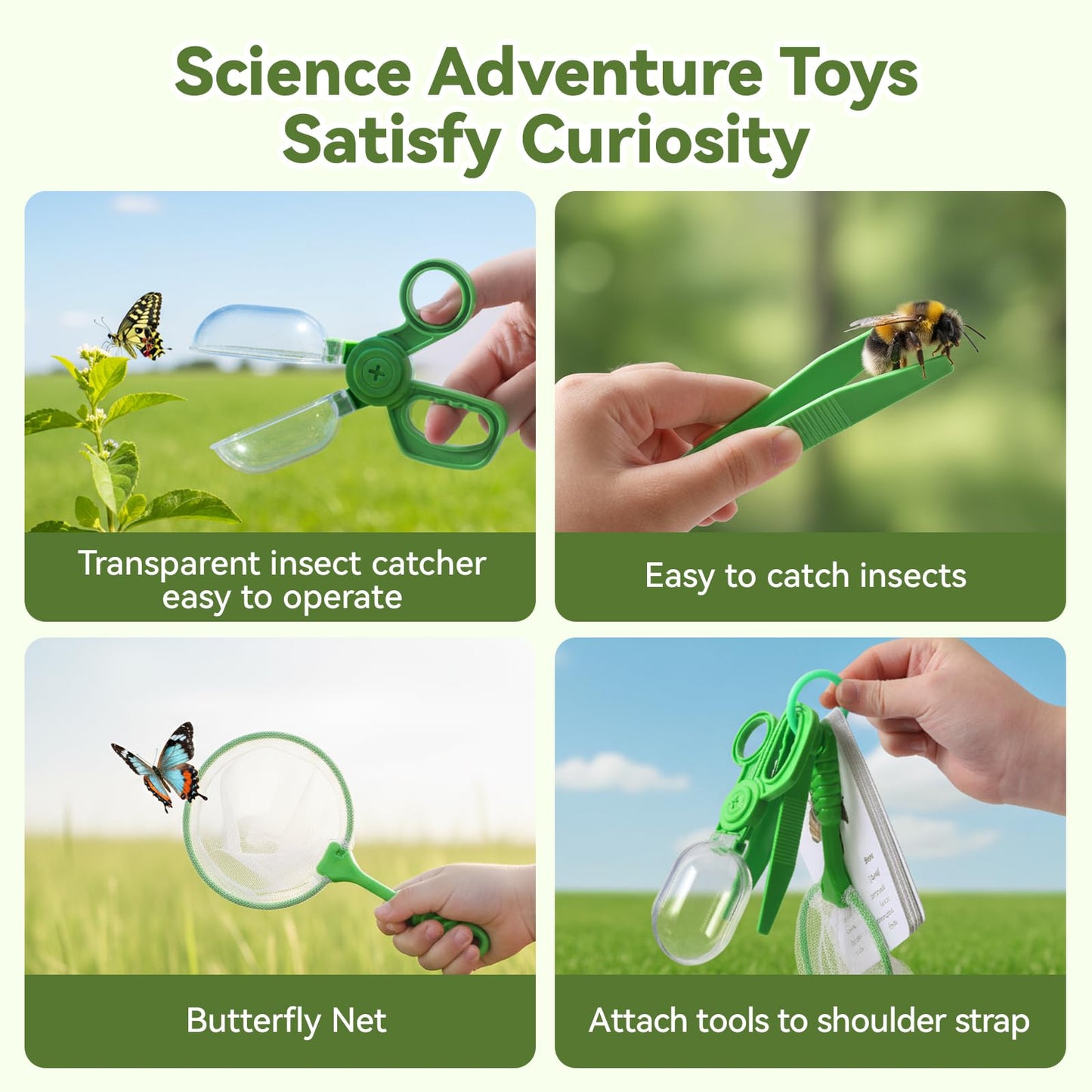 Wooden Bug Catcher for Kids, 360° Rotating Magnifier, Insect Explorer kit, with Bug Habitat, Butterfly Net, Bug Tongs, 10 Insect Cards, Montessori STEM Nature Toy for Outdoor