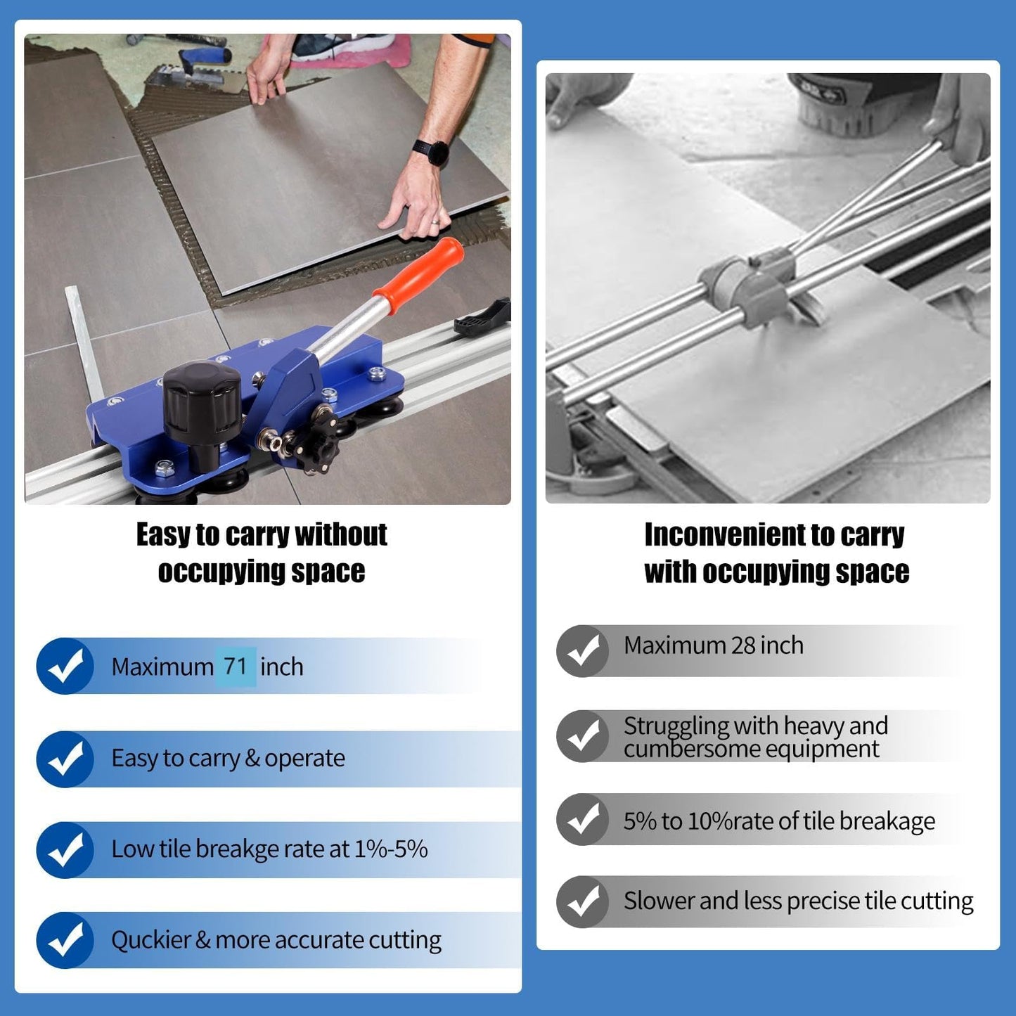 71" Professional Large Format Manual Tile Cutter with Built-in Suction Cups & Tile Pliers, 3 Push Knives – Cuts Porcelain, Ceramic & Stone Tiles up to 4.7" Thick (Blue）