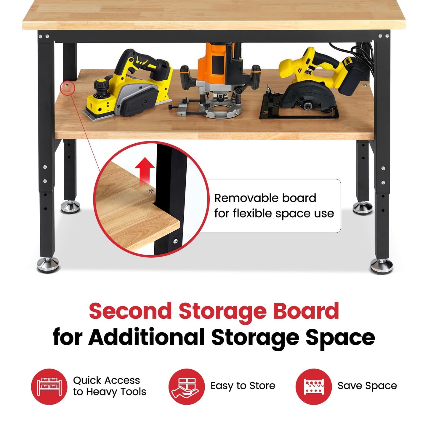 ENJOYWOOD 48" x 20" Heavy Duty Workbench Adjustable Height Garage Work Table with Solid Rubberwood Top, Double Layer Shelf, Pegboard & Power Outlets for Workshop, Home & Office