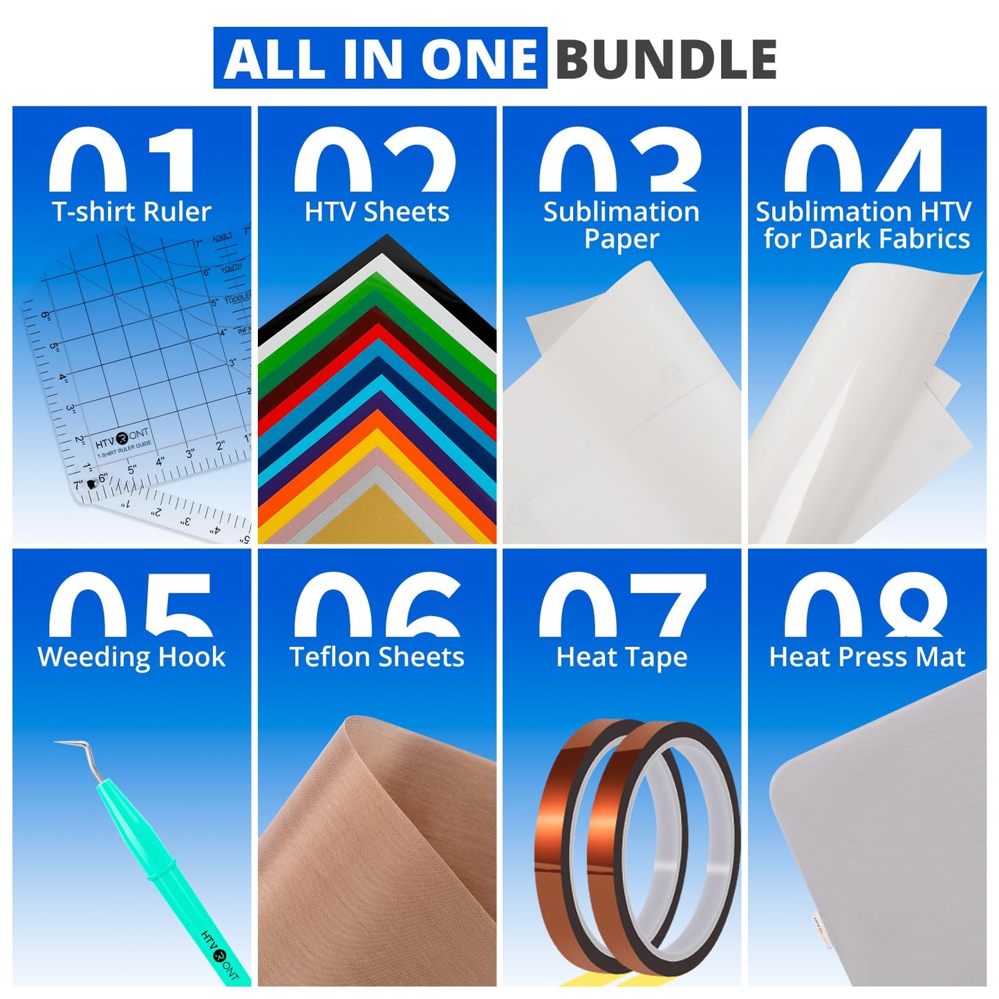 【Premium Bundle】 HTVRONT Automatic Heat Press 2 + HTVRONT Heat Press Accessories Kit + 2 Pack Cutting Mats 12x12 + 8 Pcs 3D Puff Vinyl + 10" x 8ft Gold Glitter HTV Heat Transfer Vinyl
