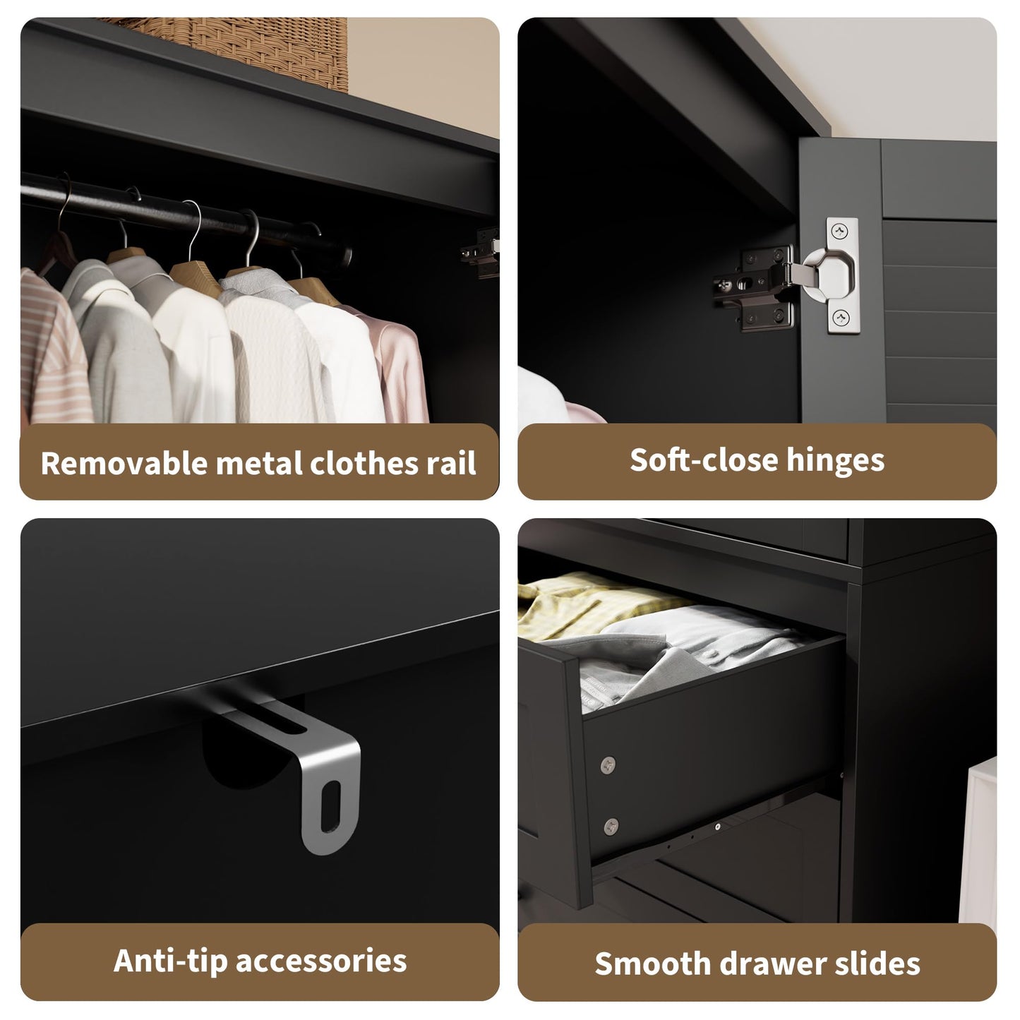 GarveeHome Armoire Wardrobe Closet with Drawers, 69.5 in Wooden Wardrobe Cabinet with Hanging Rod, 2 Doors Clothing Storage Cabinet for Bedroom, Large Capacity Storage, Louvered Door, Black