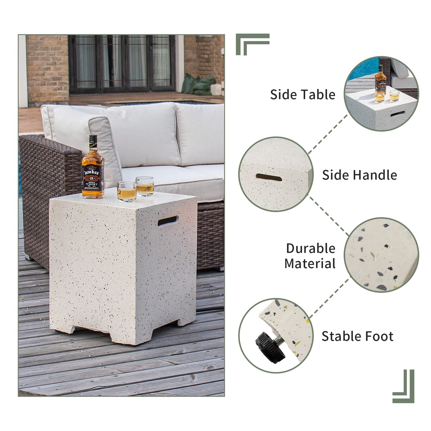 COSIEST 2-Piece Outdoor Propane Fire Pit Table Set w Tank Table, 42" Terrazzo Rectangle Fire Table (Certified, 50,000 BTU) w 16" Tank Cover Side Table, Wind Guard, Rain Cover for Garden, Pool