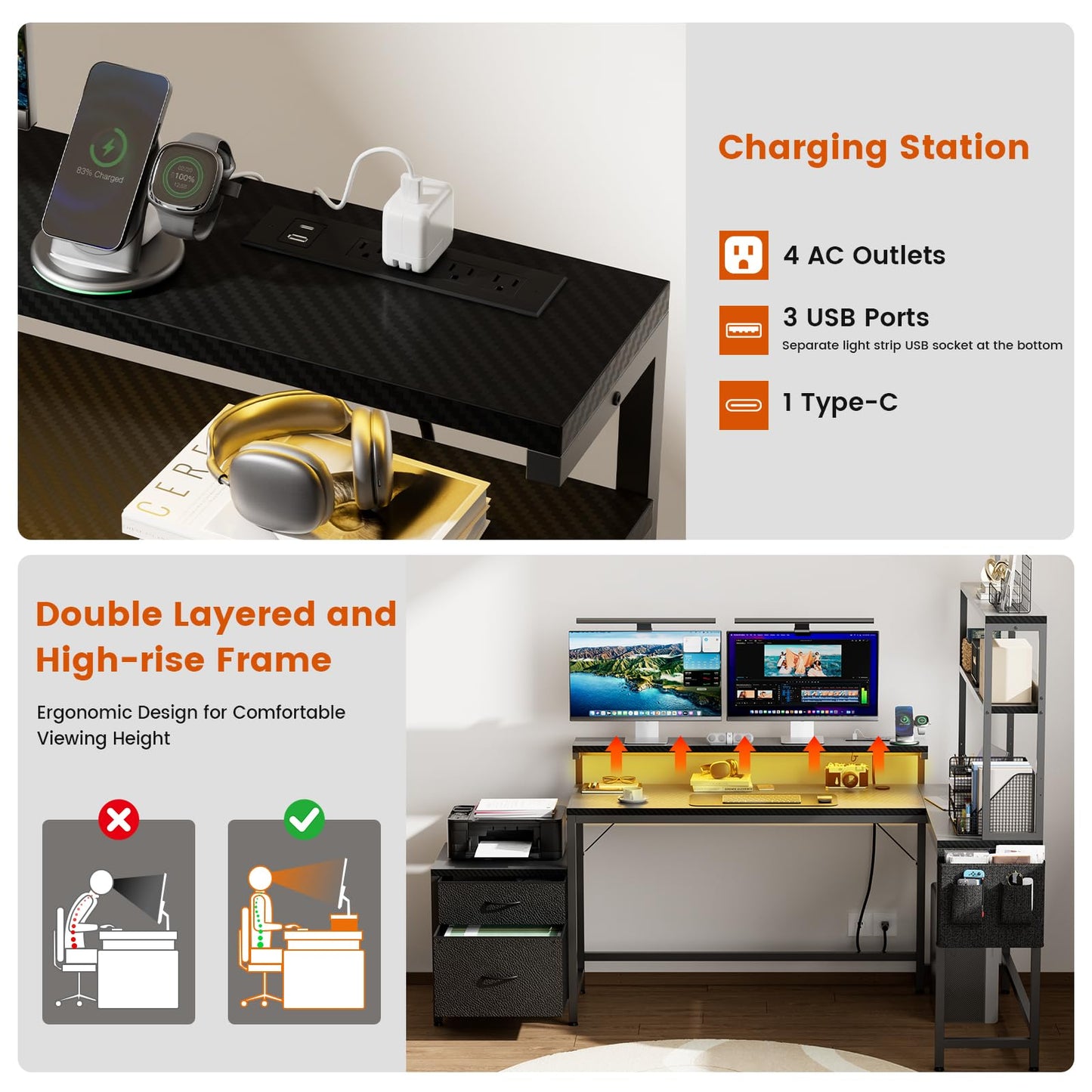 REAHOME 70 Inch L Shaped Desk with File Drawers and Reversible Storage Shelves, Computer Desk with Power Outlet & LED Strip, Home Office Desks, Writing Study Desk for Bedroom, Carbon Fiber Black