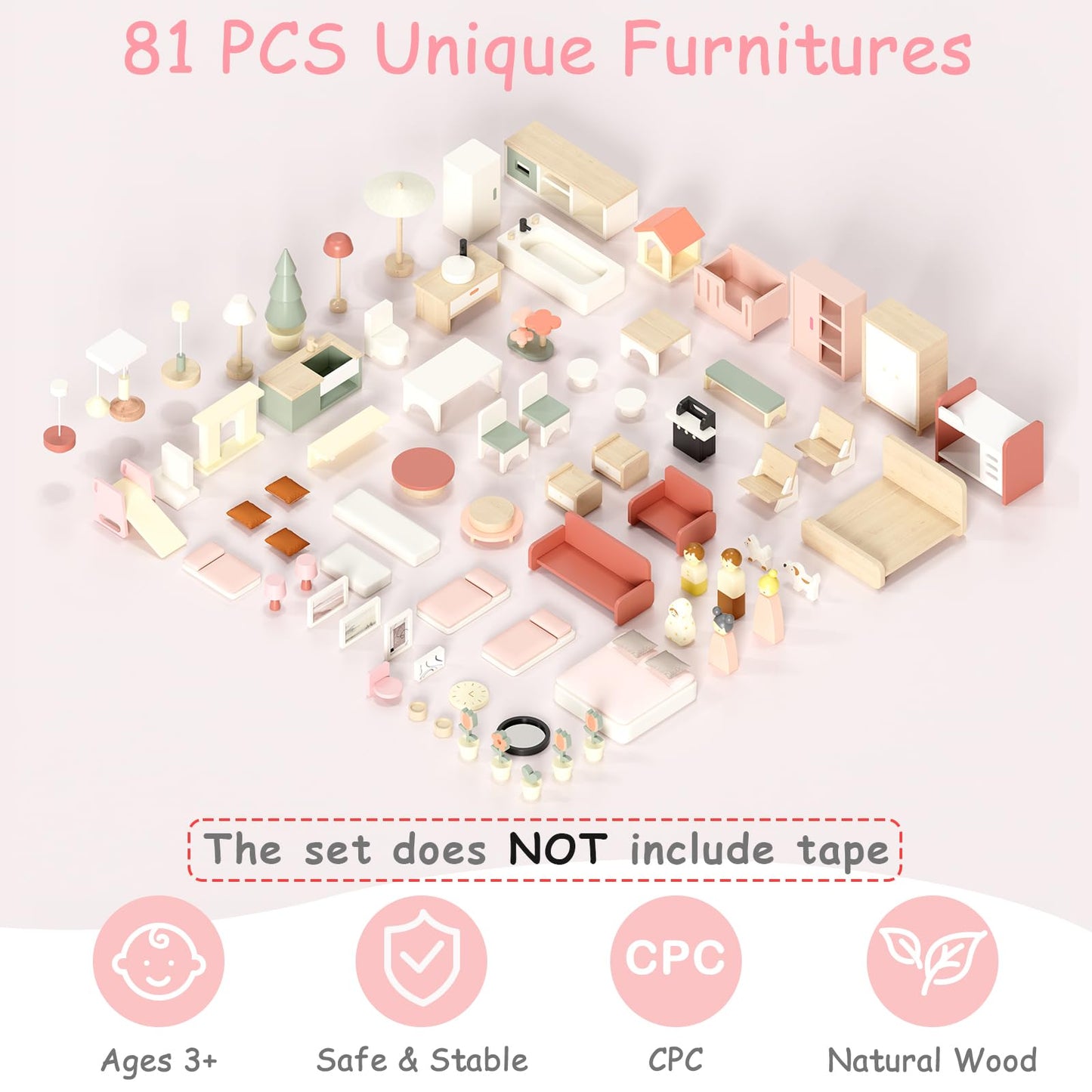 Fabuday Modern Wooden Dollhouse for Kids Girls - 8 Rooms Doll House Playset, DIY Pretend Toy Play Houses Kits with 81 Pcs Furniture Accessories, Dolls & Pets, Gift for Toddlers Ages 3+