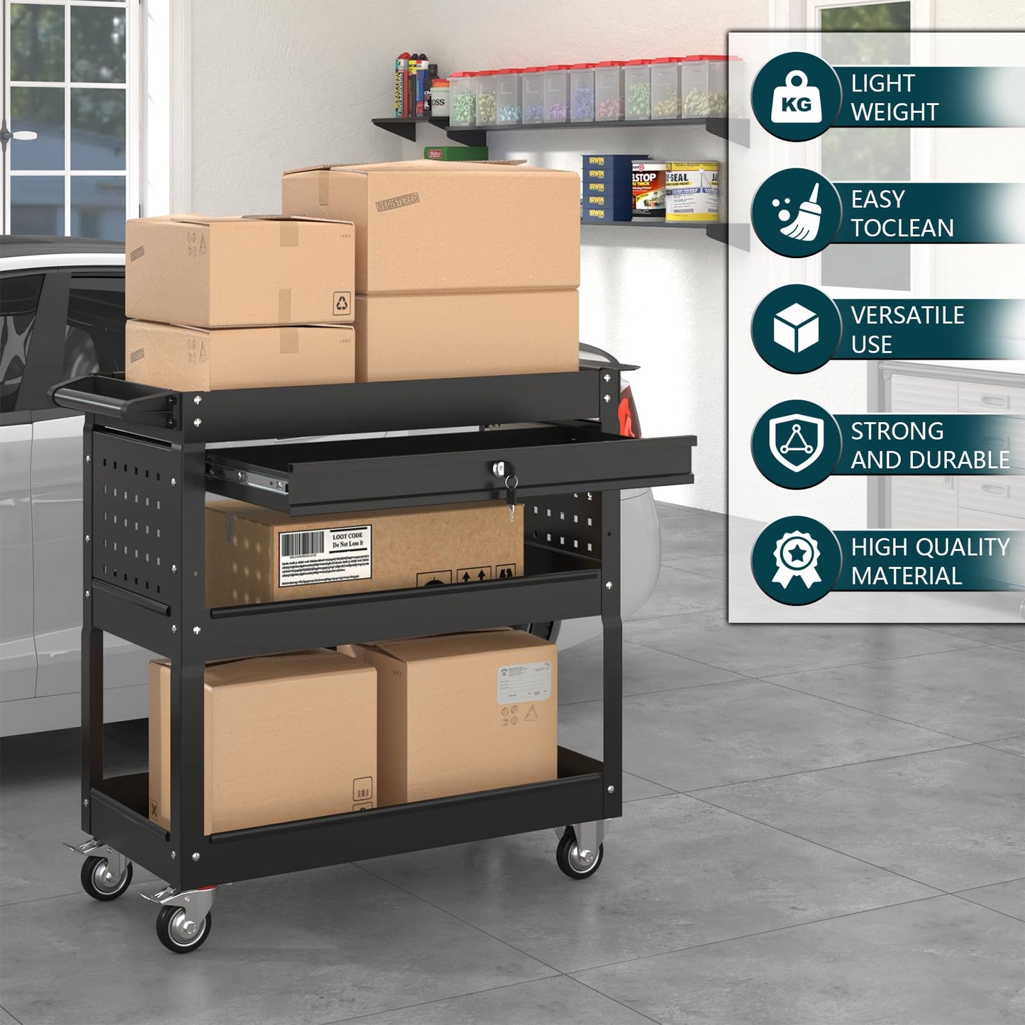 3 Tier Rolling Tool Cart on Wheels with Locking Drawer - Metal Service Cart Industrial Utility Cart for Mechanic - 350 LBS Mobile Storage Organizer for Garage, (Black)