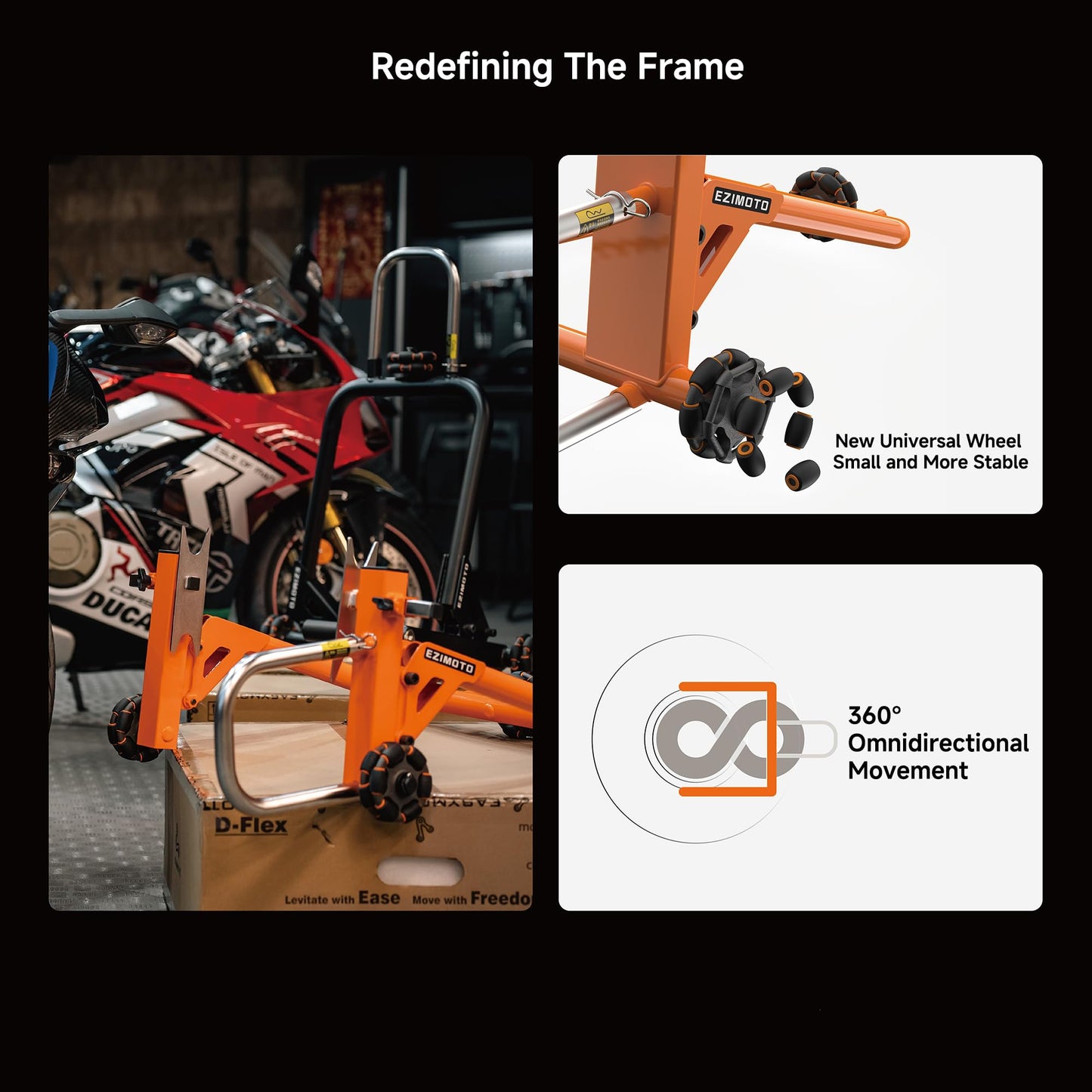 EZIMOTO Sport Motorcycle Rear Stand, 360° Movable Lift Stand, Heavy Duty with Wheels, 880 lb Capacity (Orange, Single arm)
