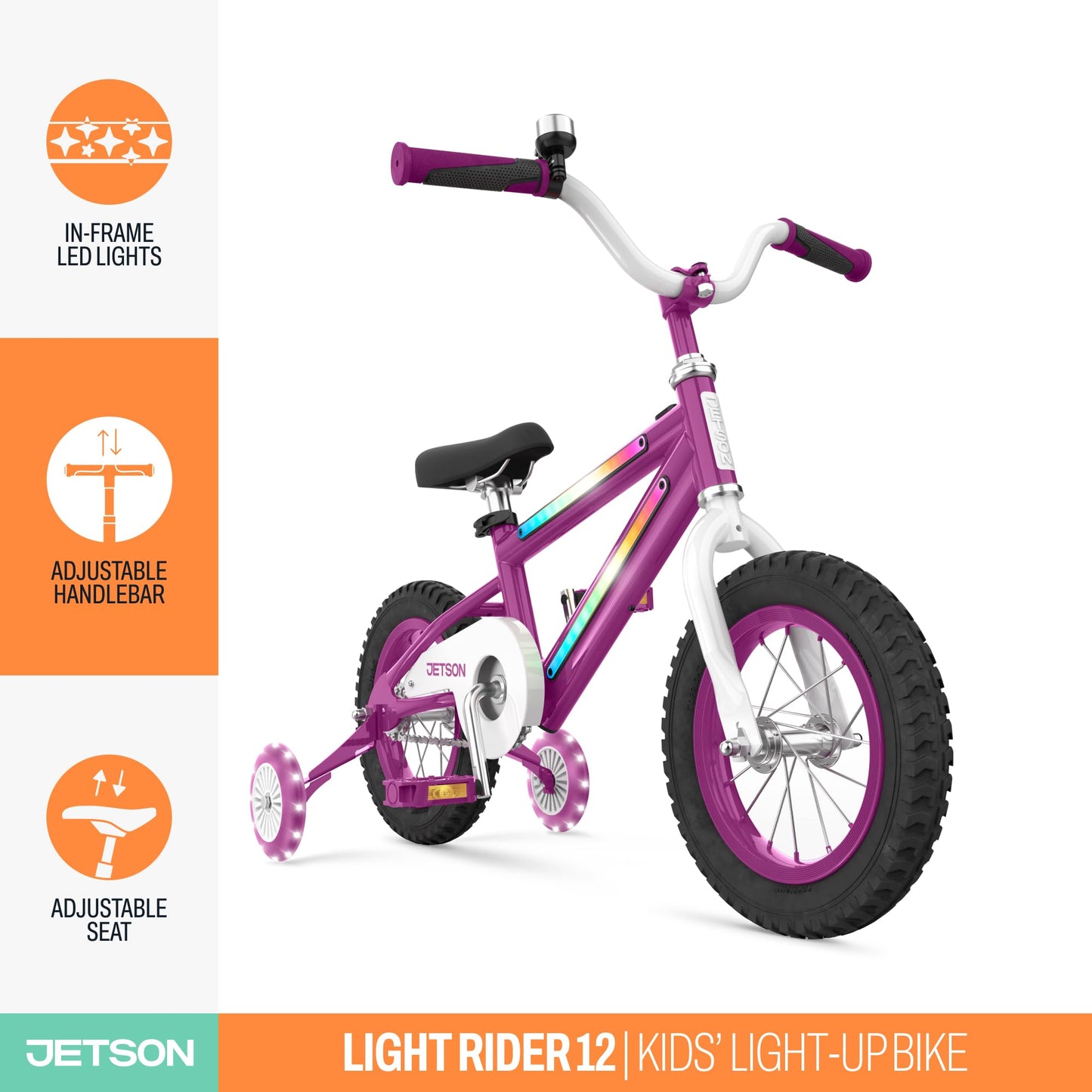 Jetson Light Rider Kids’ Light-up Unisex Bike, LED Light-up Frame, 3 Different Light Modes, Adjustable Seat Height, 12" Rubber Tires, Kinetic Light-Up Training Wheels, Purple, JLRG12-PUR