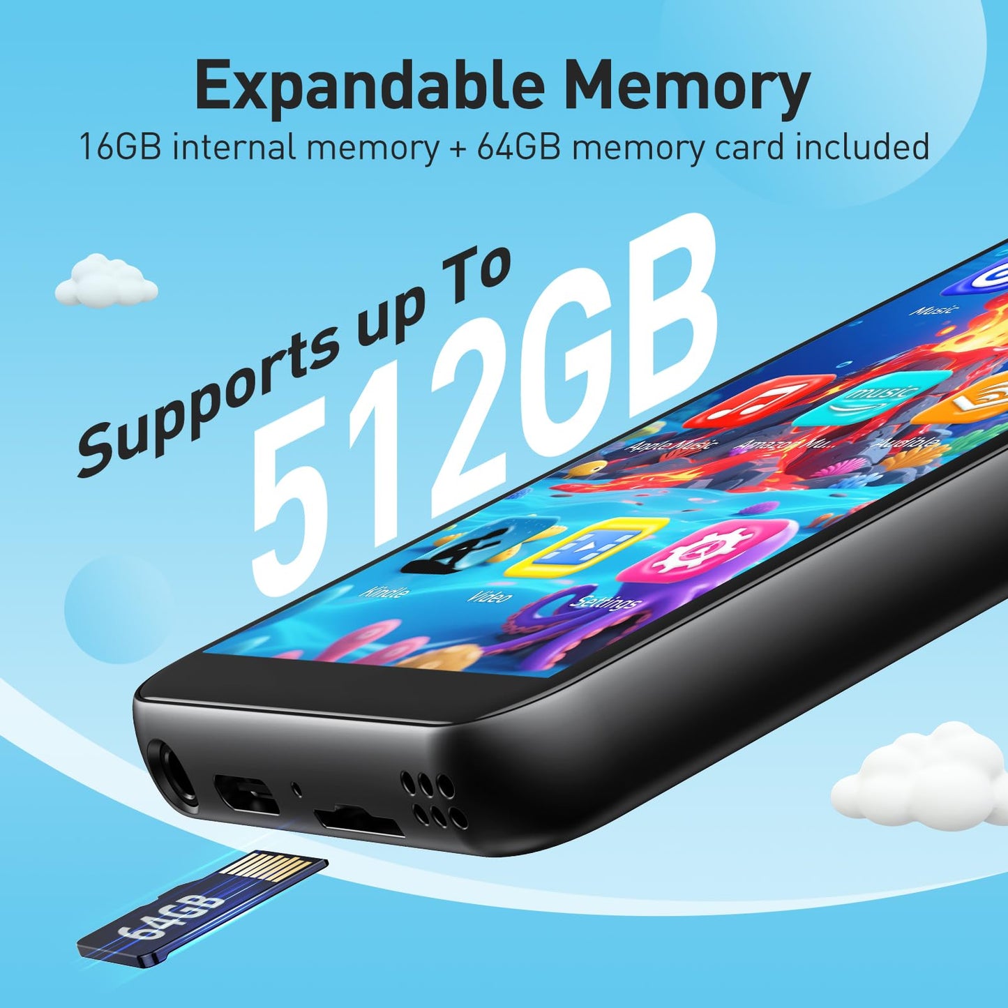 AGPTEK 80GB MP3 Player for Kids with Bluetooth and WiFi, T07S 4'' Music Player with Parental Controls, Spotify Kids, Up to 512GB, Black