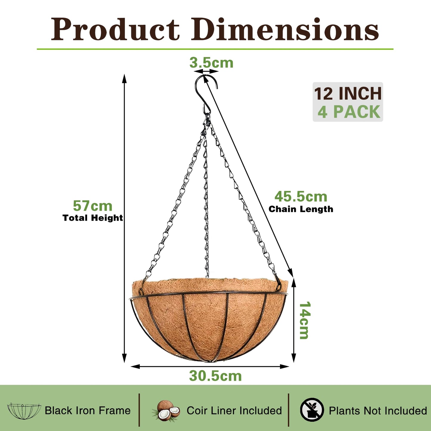 EIMQUVW Outdoor Metal Hanging Planters Basket (4pack, 12 inch) Hanging Baskets for Plants Chain Round Wire Plant Holder with Coco Fiber Liners for Garden, Patio, Deck, Porch
