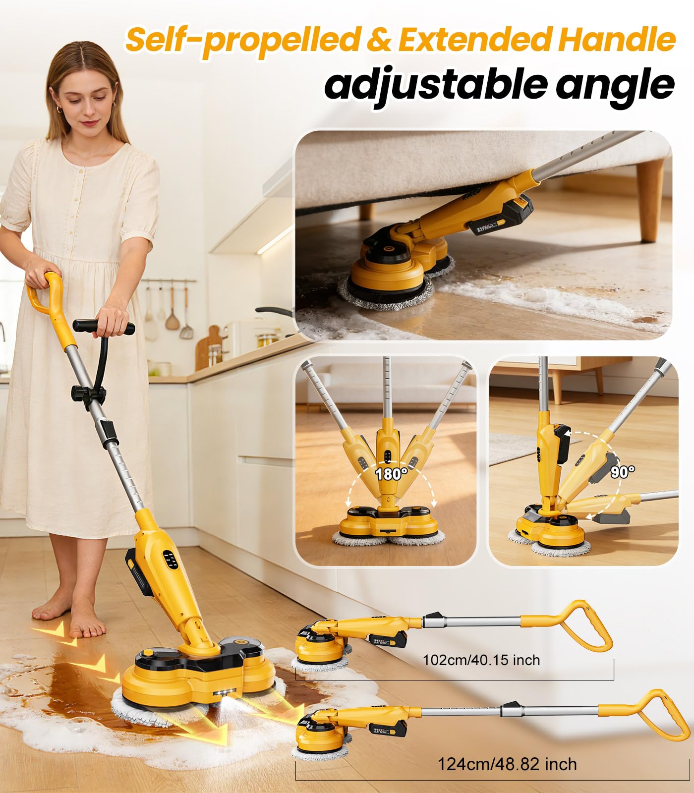 qimedo 6000mAh Battery Cordless Electric Mop M3 Pro, 800RPM Electric Power Scrubber & Mops for Floor Cleaning, Automatic Spin Mops with Smart Display,Rotating Mop with LED Light & Water Spray