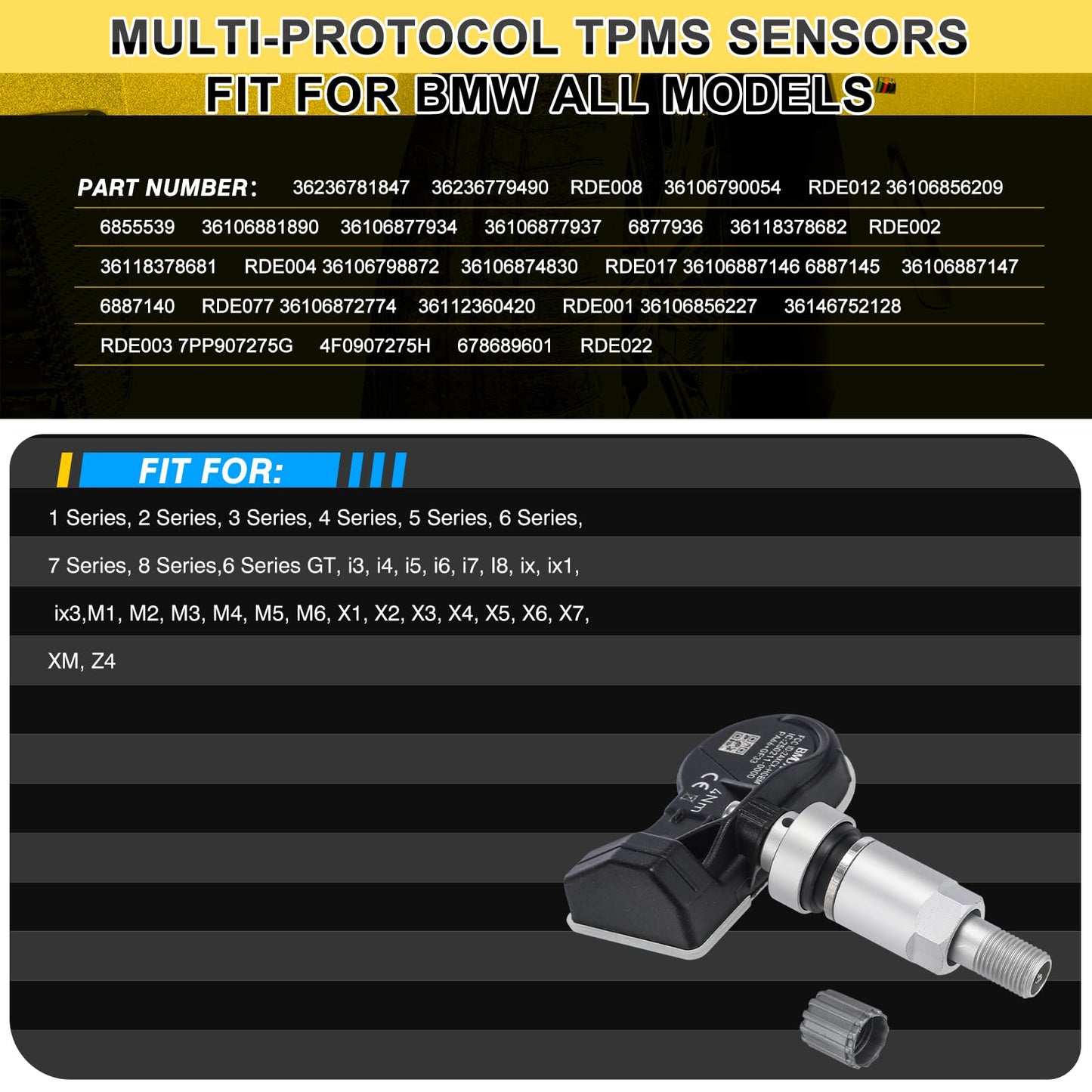 GEARMEISTER TPMS Sensor Multi-Protocol Tire Pressure Sensors Fit for BMW 315MHz & 433MHz Snap-in Tire Pressure Monitoring System Replace 36236781847 36236779490 36106877934 RDE008 4 Pack