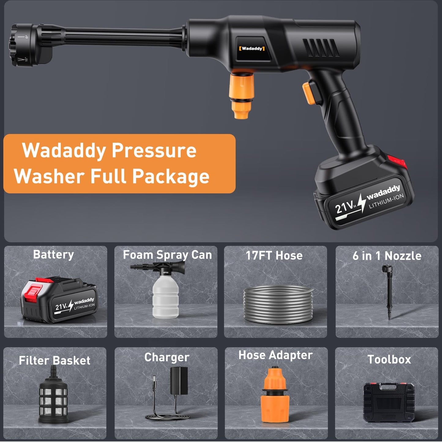 Wadaddy Portable Pressure Washer, 900PSI Cordless Power Washer, Portable Power Washer with 2 Batteries, 6-in-1 Nozzle, Handheld Pressure Washer for Car/Floor/Garden