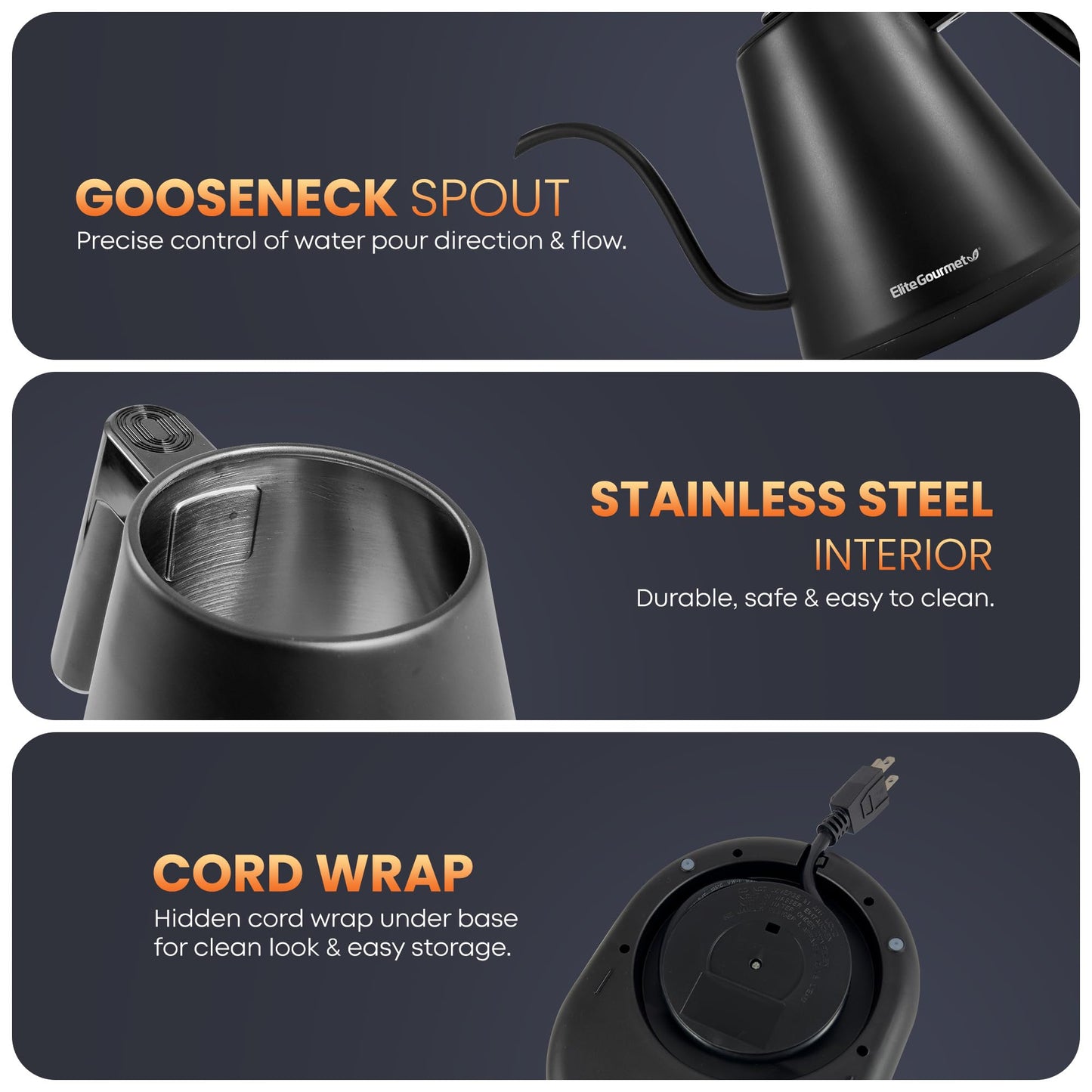 Elite Gourmet EKT3001 1L Digital Water Kettle, 304 Stainless Steel Interior, Programmed Temperatures, Keep Warm Function, Cordless, 360° Base, Auto Off & Audible Indicator, Matte Black