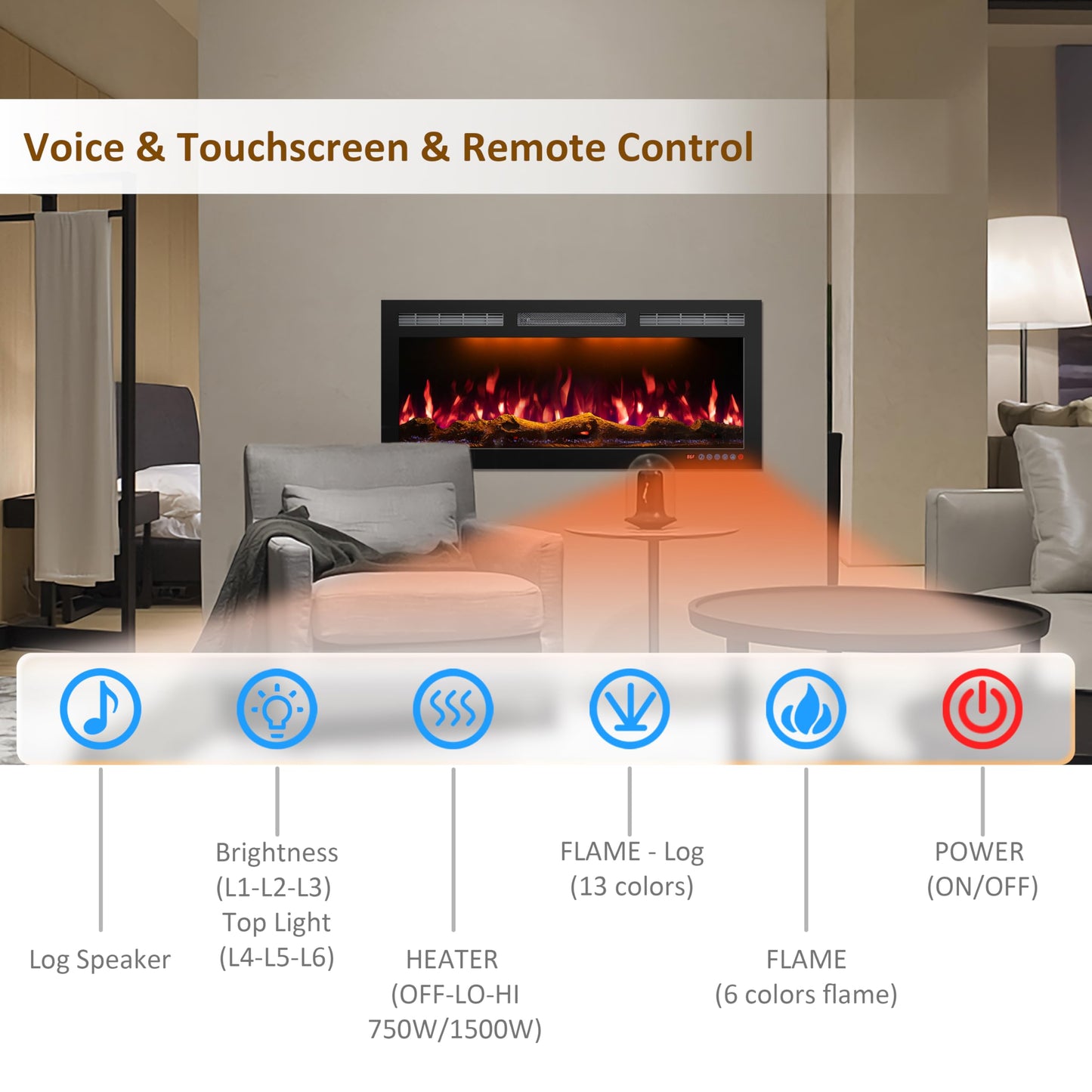 Mystflame 50 Inch WiFi Electric Fireplace Heater, Recessed or Wall Mounted, Ultra‑Slim 5.51" Deep, 750/1500W, 12 Flame Colors & 12 Ember Bed Colors,Remote & App Control, Works with Alexa & Google Home