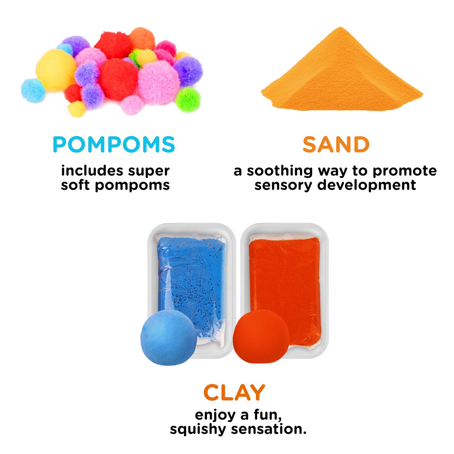 LOLO TOYS Sensory Kit for Toddlers and Kids - Includes 3 Bins with Lids, Play Tools, Sand, Feathers, Clay, Color Beads and Pom Poms Kids Box Fillers (Starter Set)