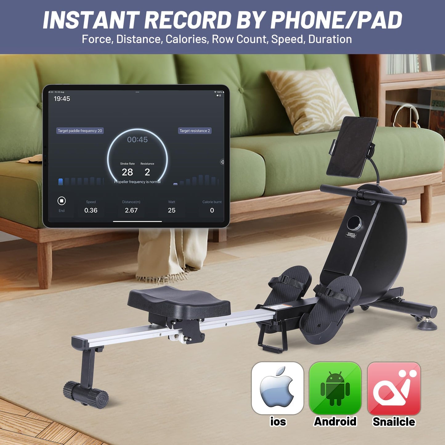 GarveeLife Magnetic Rowing Machine, Self Powered Rower Without Power Cord, Quiet Rower Machine with 16 -Level Adjustable Resistance, 350 LB Weight Capacity, Free Snailcle App
