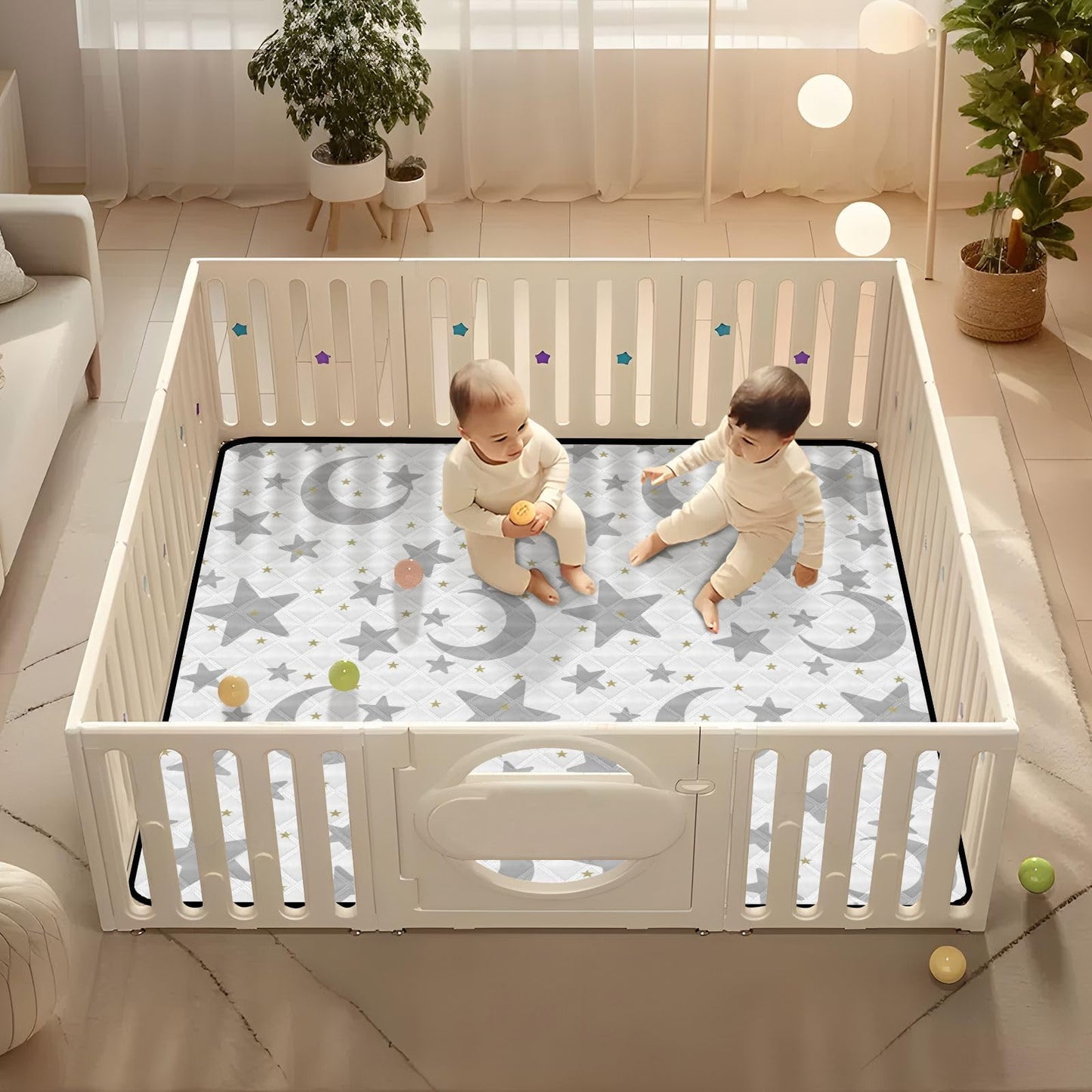 KICPOAY Baby Play Mat Stars Moon Pastel Grey 50 x 50 Playpen Mats for Floor Play Gym Crawling Mat Non-Slip Cushioned Baby Playmat for Infants, Babies, Toddlers