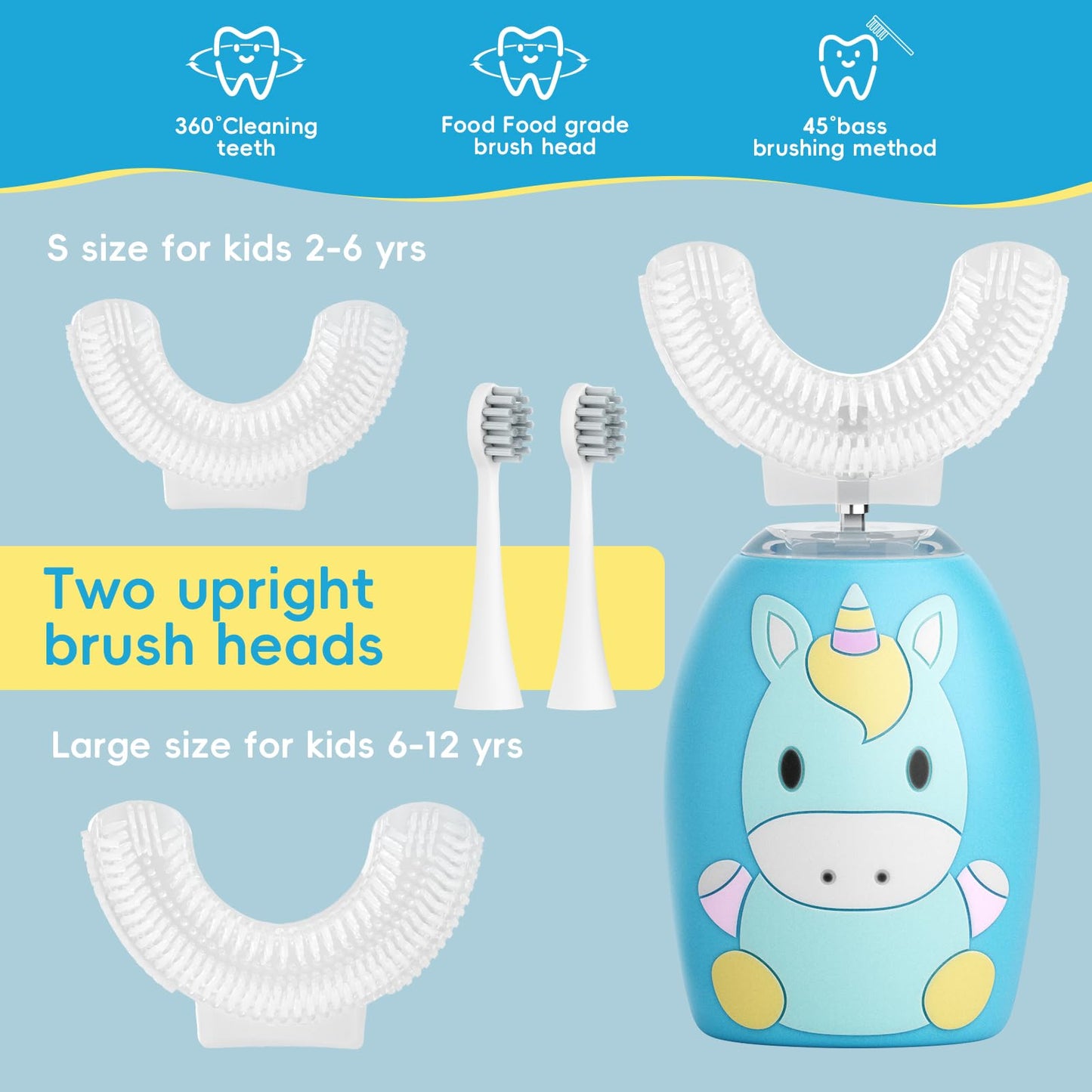 LHhuizou Kids U Shaped Electric Toothbrush 4 Brush Heads, Automatic Sonic Toothbrush Kids 2 Modes, Cartoon Design 360-Degree Cleaning IPX7 Waterproof