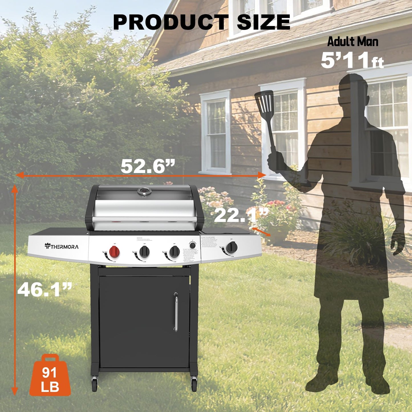 THERMORA 3 Burners Propane Gas Grill 50,000 BTU with Side Burner 553 Sq.in, Porcelain-Enameled Grates BBQ Grills, Stainless Steel Propane Grill for Outdoor Cooking Patio Garden Family Party Barbecues