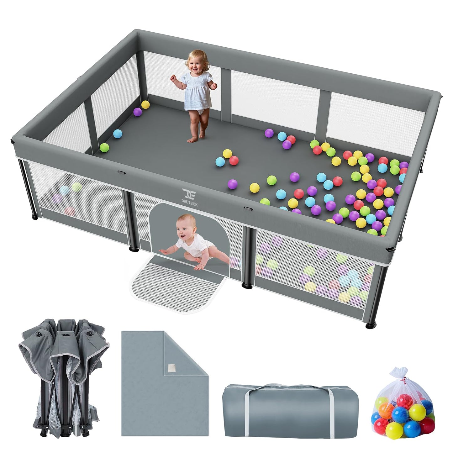 Foldable Baby Playpen with Mat - 74"X50" Large Play Yard for Babies and Toddlers - Indoor & Outdoor Portable Playpen with Storage Bag & 30 Ocean Ball - Baby Fence with Visible Mesh & Zipper Door,Grey