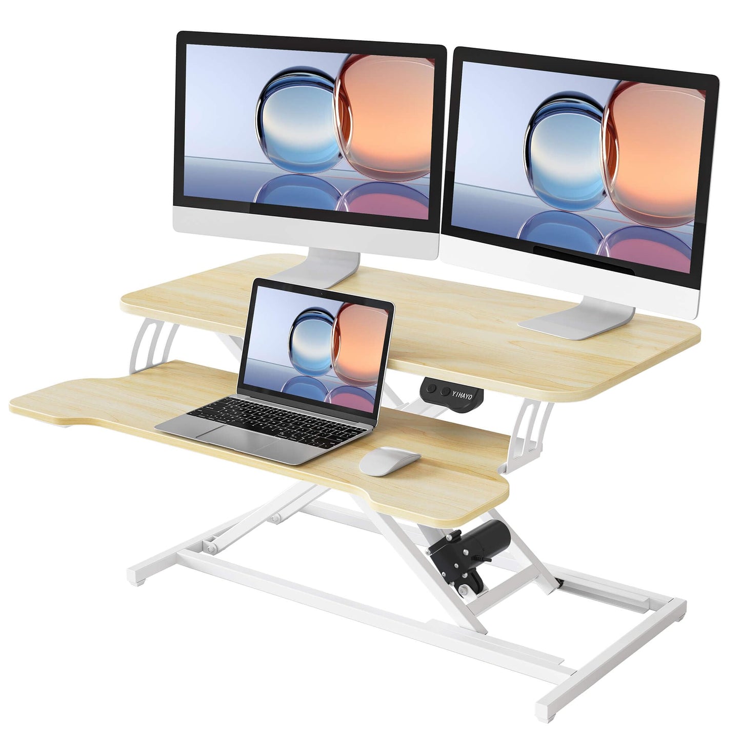 YIHAYO Electric Standing Desk Converter 32 inch, Sit to Stand Up Height Adjustable Desk Riser, Quick Sit to Stand Tabletop Dual Monitor Riser Workstation for Home Office with Keyboard Tray, Natural