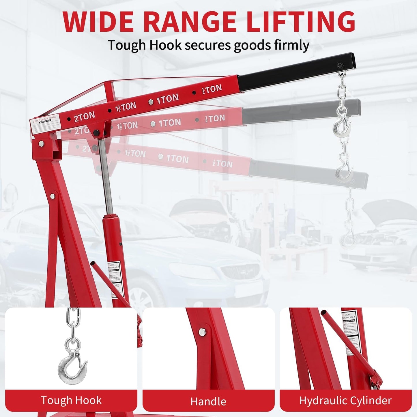GarveeTech 2-Ton Folding Engine Hoist Cherry Picker 4400 Lb Capacity Hydraulic Shop Crane with Telescoping Boom 6 Caster Wheels for Automotive Repair Garage Use Includes Hitch and Storage Stand Red