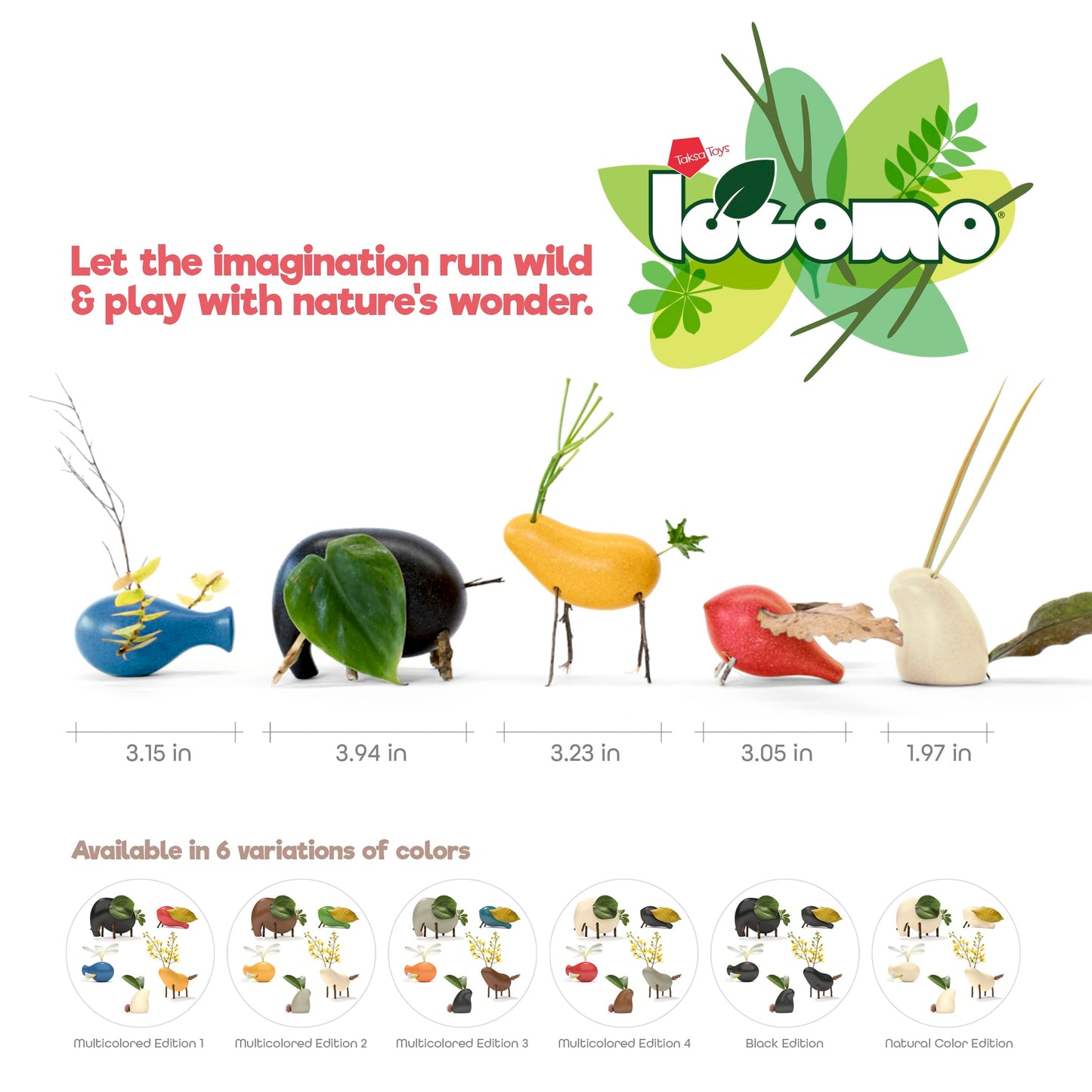 Taksa Toys Locomo Family 1 Open-Ended Waldorf Educational Outdoor Play Figures, Wooden Animal Montessori Toys for Kids 3 4 5 6 7+ for Childs Learning & Creativity Year Old, Gifts (Set of 5)