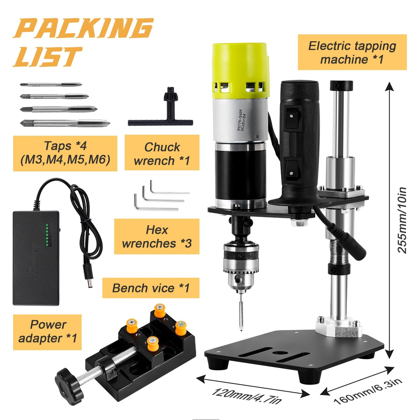 Consfly M3-M6 Electric Tapping Machine Vertical Tapping Tool with Bench Vice & 4 Taps Adjustable Tapper for Metal Wood Plastic 110V 100-200r/min