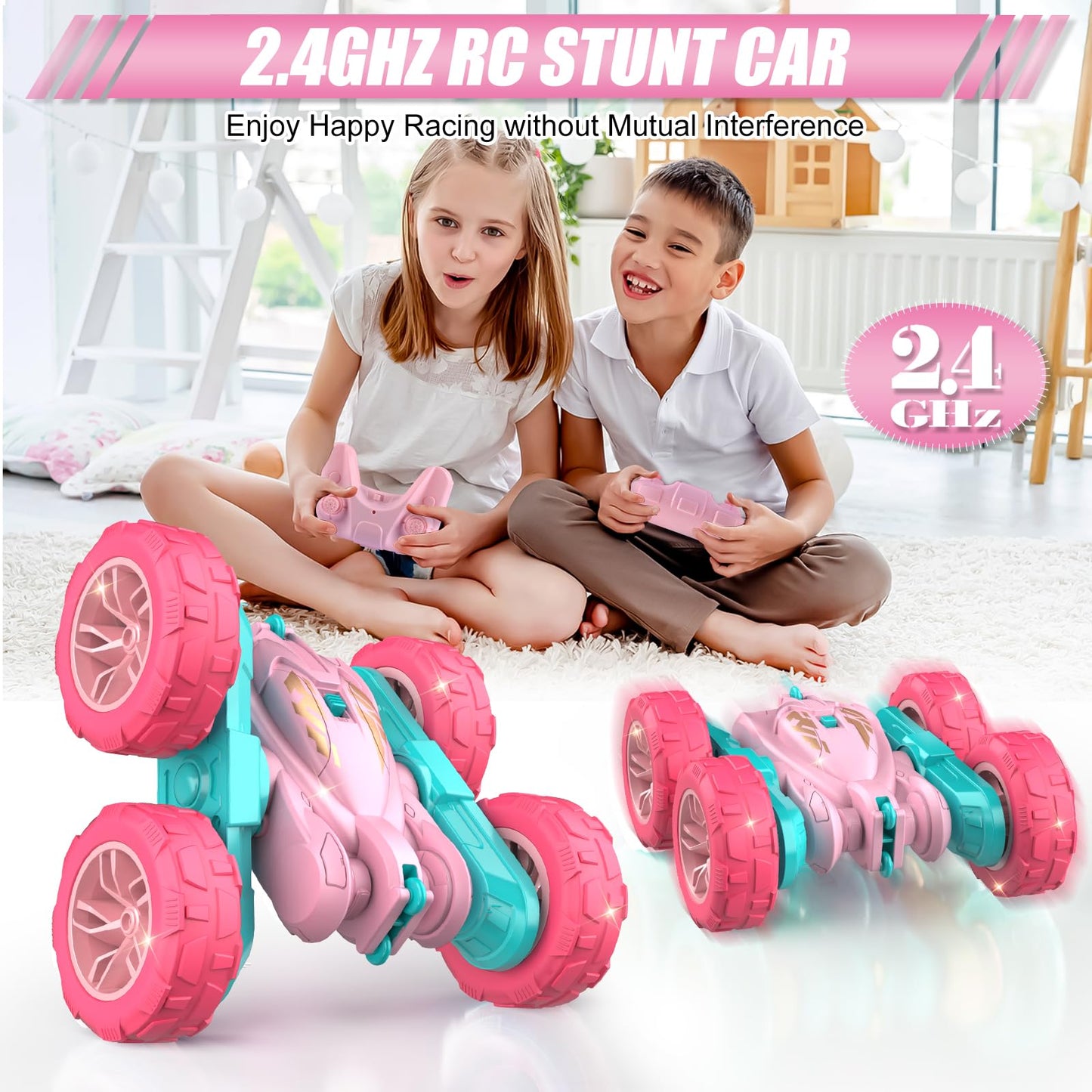RacingFun Pink Remote Control Car for Girls，2.4 Ghz Double Sided RC Cars 360° Rotating Remote Control Crawler with USB-C Easy Charging Car Toys for 4 5 6 7 8 9 10 Girls Birthday Gift Grandkids