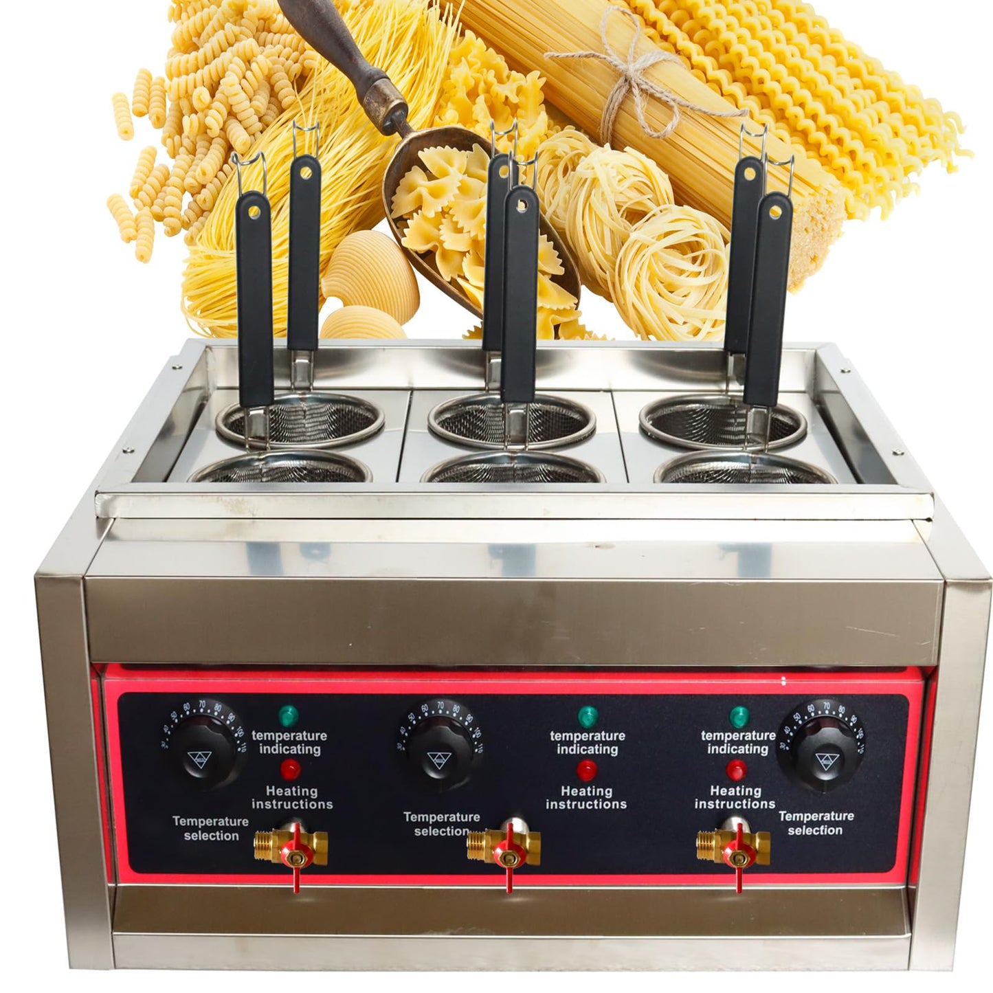PreAsion 220V Commercial Pasta Cooker with 6 Noodle Filter Electric Pasta Cooking Machine Multifunctional Pasta Warmer Noodles Cooker 6KW for Cooking Dumplings NoodlesVegetables 30-110℃