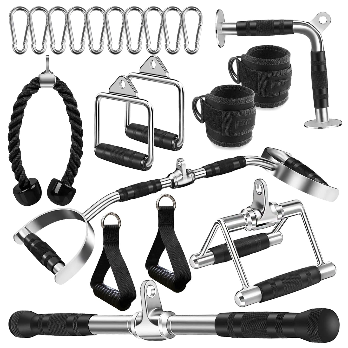 WNOEY 21 PCS Cable Attachments for Gym Set with Wide Grip LAT Pull Down Bar, LAT Pulldown Attachments, Cable Machine Attachment, Tricep Pull Down Attachment, Home Gym Accessories, White