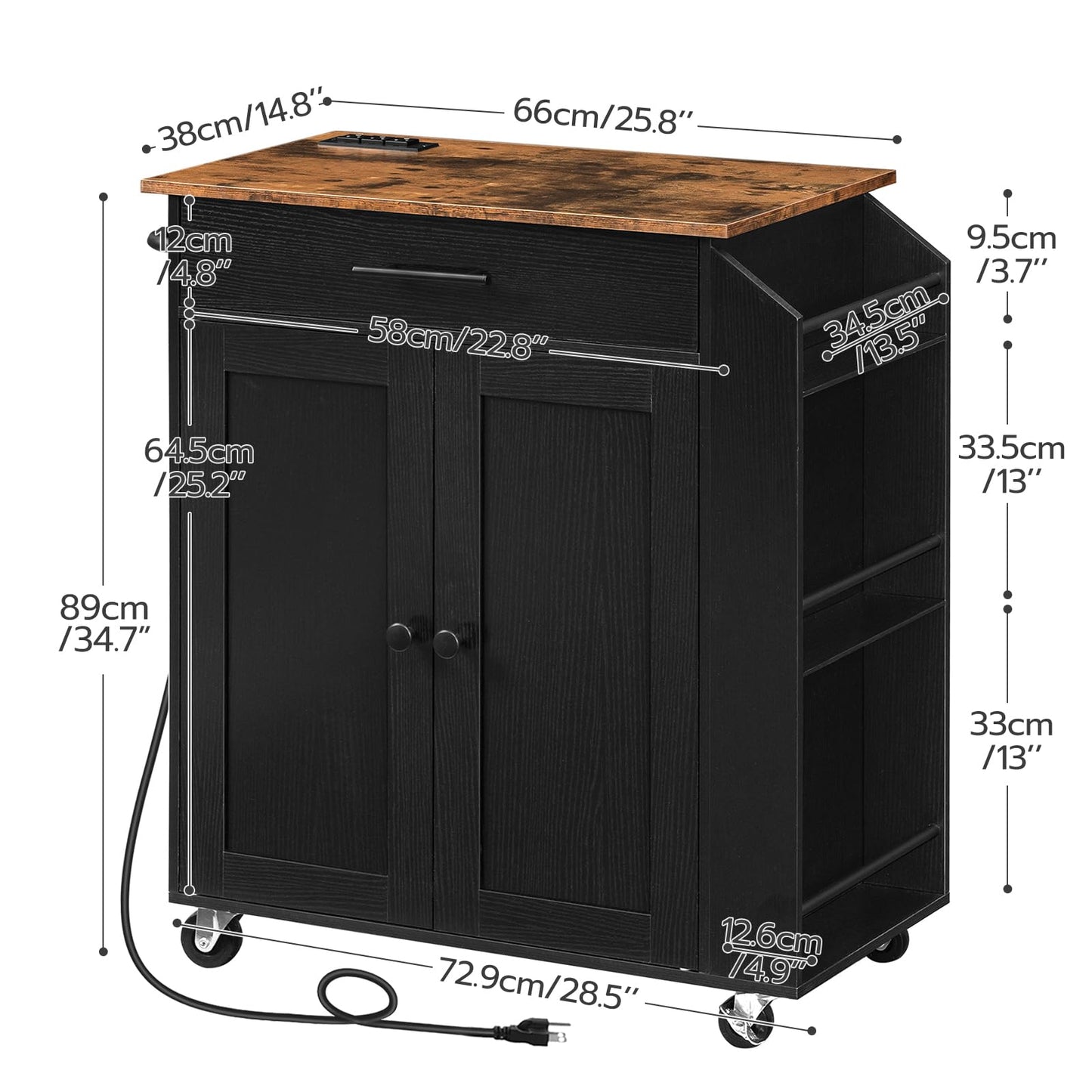 HOOBRO Kitchen Island with Power Outlet, Storage Island with Spice Rack and Drawer, Rolling Kitchen Cart on Wheels, for Home, Dining Room, Rustic Brown and Black