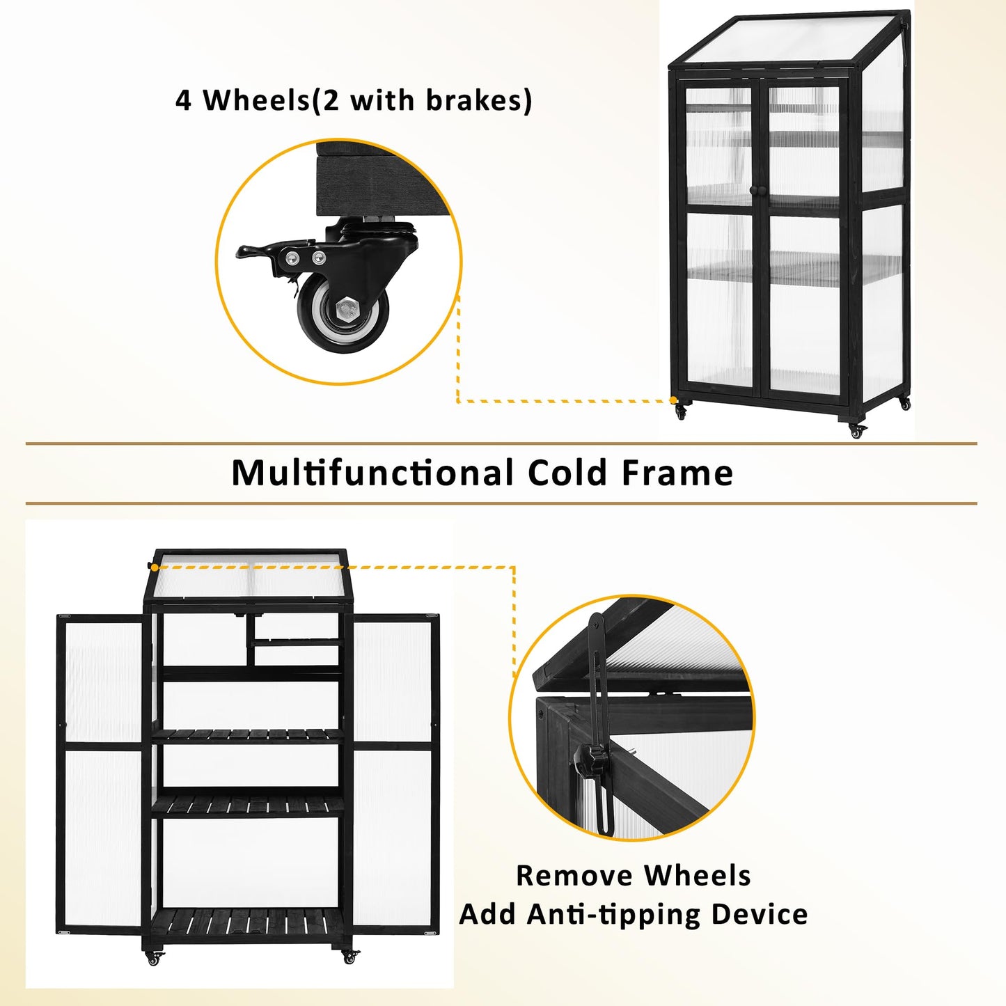 Merax Mini Greenhouse for Outdoors / Indoors, 62 inch Height Portable Wood Cold Frame with Wheels and Adjustable Shelves, Black