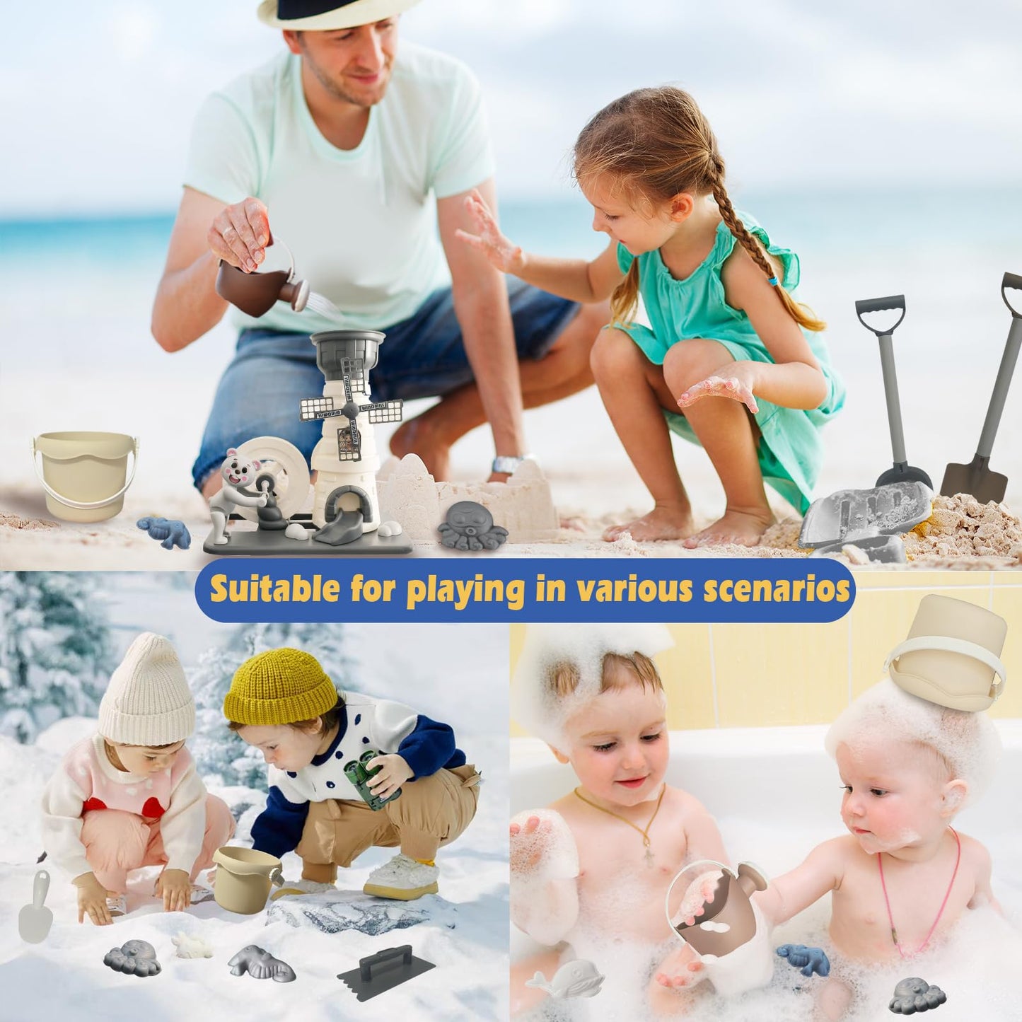 ZHIMEIYOU Beach Toy Set,12 Piece Sand Toys Cartoon Windmill Hourglass Toy, Includes Two Shovels, Water Bucket, Watering Can, Animal Tools Toys, Beach Toys Suitable for Children Aged 3-13