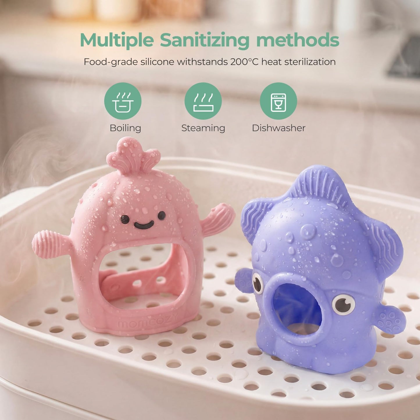 Momcozy Baby Teething Toys, Food Grade Silicone Baby Teether，Teething Mitten for Babies 0–6 Months，Teethers for Babies 6–12 Months，Anti Drop Wrist Teether with Multiple Chew Points， Pink