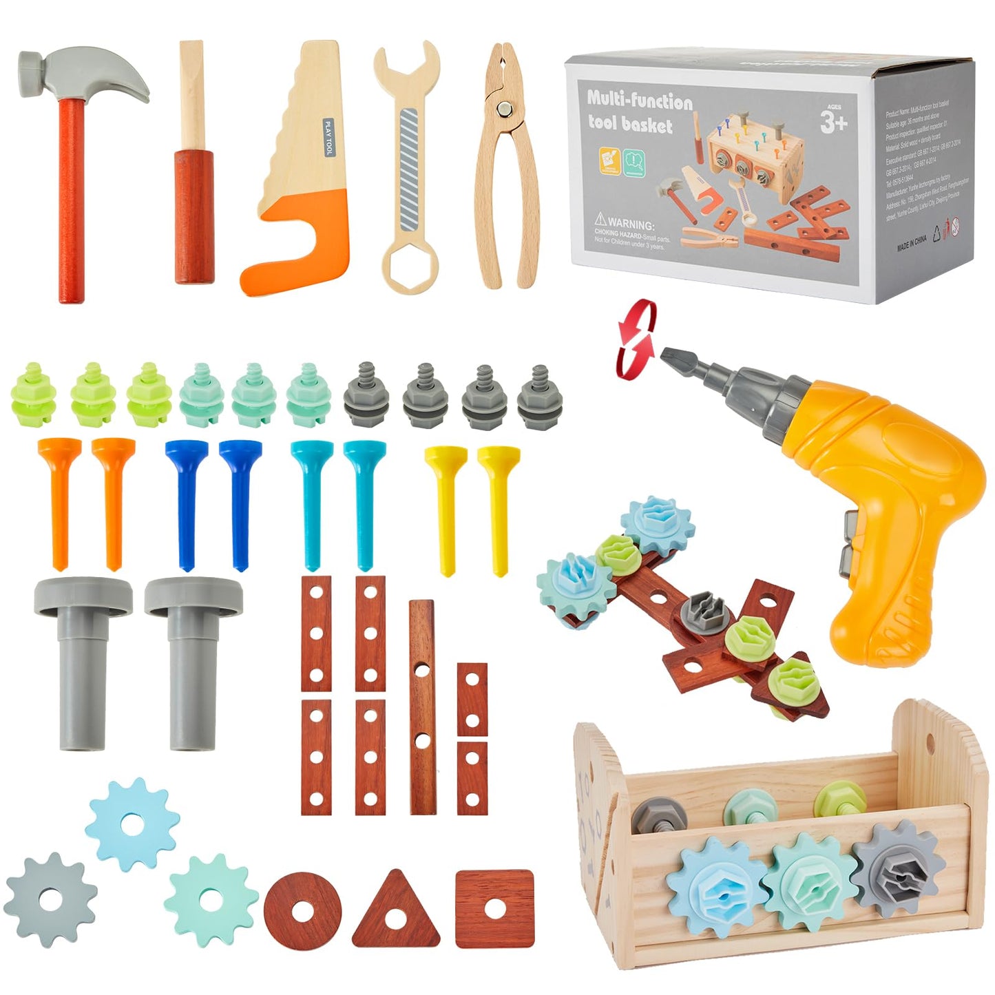Kids Tool Set - 54 PCS Wooden Toddler Tool with Wooden Box, Educational Pretend Play Construction Toy for 2 3 4 5 6 Year Old Boys Girls, Toddle Electronic Toy Drill Children Montessori STEM